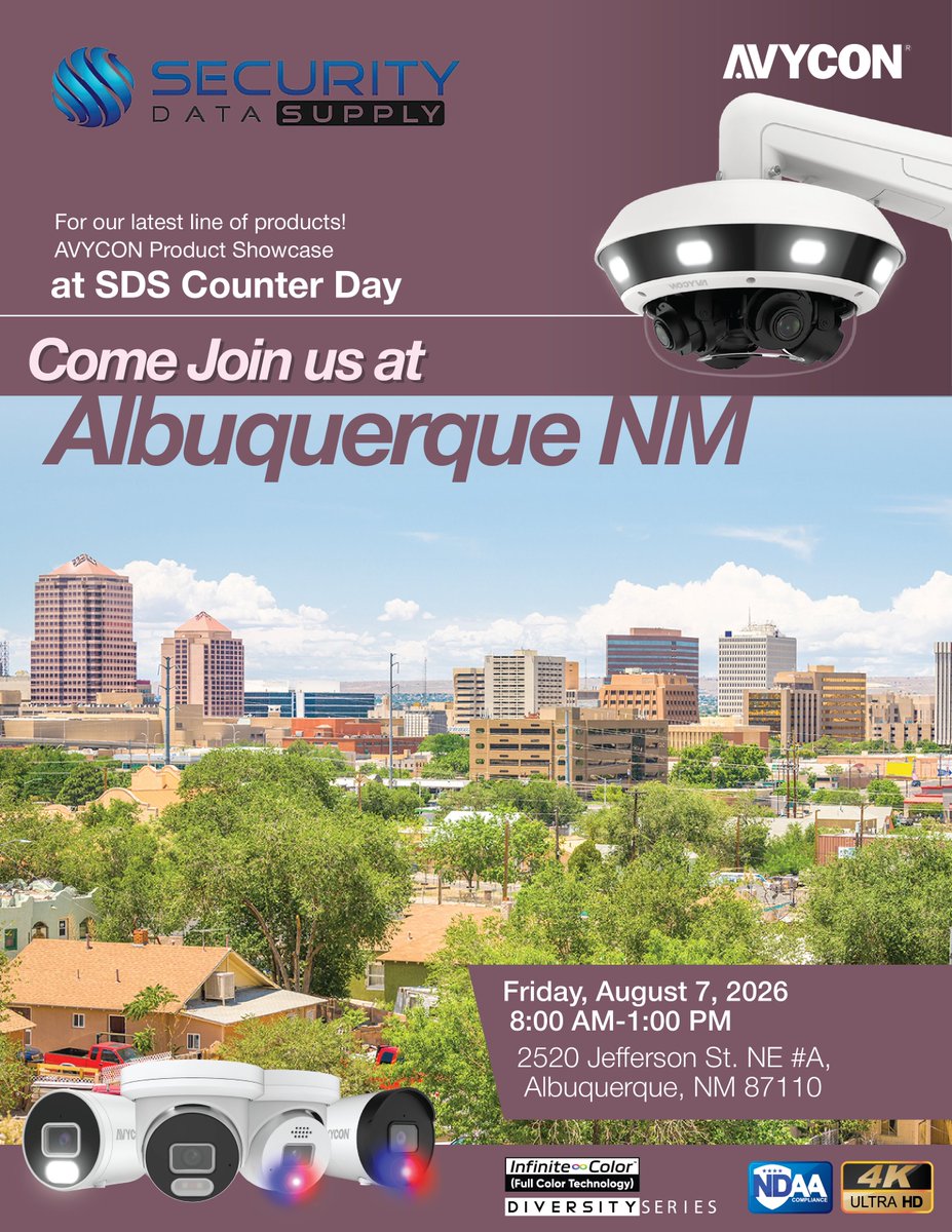 AVYCON_AIVO's tweet photo. Come join us at the upcoming @AVYCON_AIVO Counter Day at #SDS #Albuquerque #NM "2520 Jefferson St. NE #A, Albuquerque, NM 87110" to see our demo and showcase our latest products on "Friday, August 7, 2026 8:00 AM-1:00 PM"
#cctvcamera #surveillance #security #securitycamera https://t.co/a8rtStCnn3