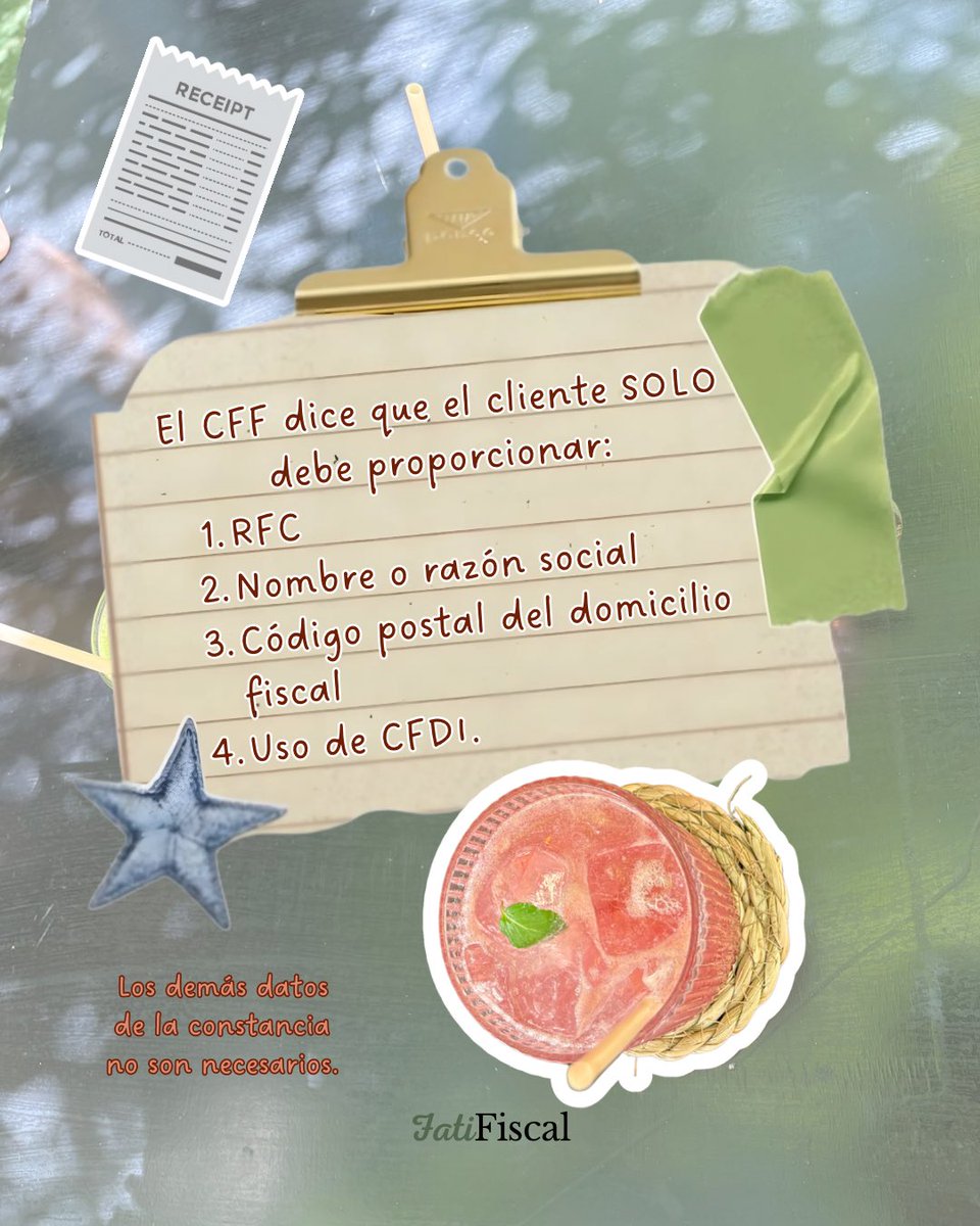 cpfatimachairez's tweet photo. 🌀 La emisión de una factura no debería estar condicionada a una constancia de situación fiscal.
📝 Solo es necesario que el cliente proporcione RFC, nombre o razón social, código postal y uso de cfdi.
💭 Y tu, ¿exiges la constancia?
#fyp #factura #contador #emprendedor #fatifiscal