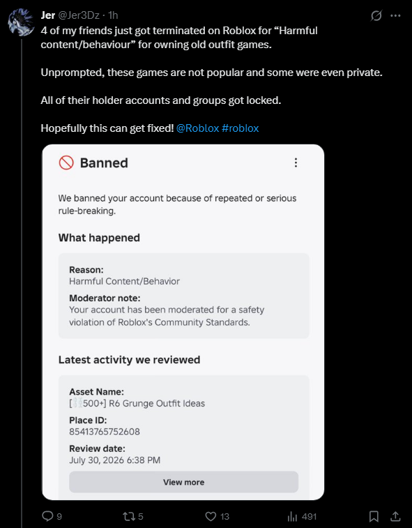 Rexxzew's tweet photo. @Roblox My girlfriend account was deleted for "Harmful Content/Behavior" over asset ID 123244751292289. We believe this was a mistake as other players seem to have also been getting falsely banned. Please could someone manually review her case? Thank you.

Her user is Crazy4Yuno https://t.co/i5dXrU1GTb