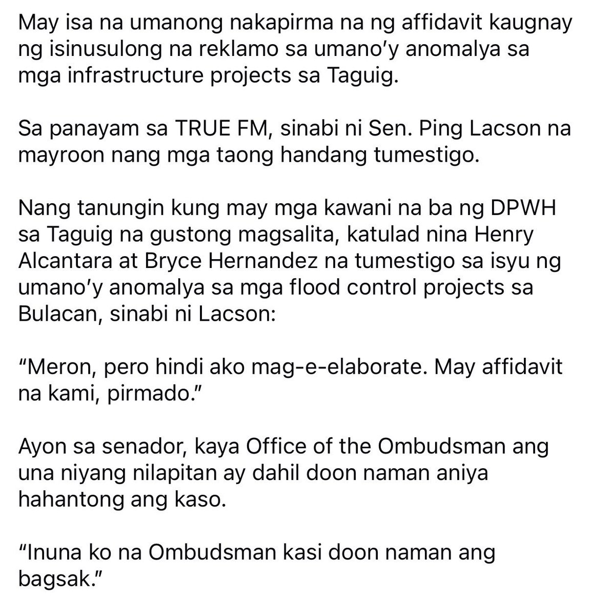 _djchacha's tweet photo. MAY ISA NANG NAKAPIRMA NG AFFIDAVIT, MARAMI PA ANG GUSTONG TUMULONG AT TUMESTIGO SA UMANO’Y TAGUIG GHOST PROJECTS — LACSON https://t.co/2h6gcQyxV1