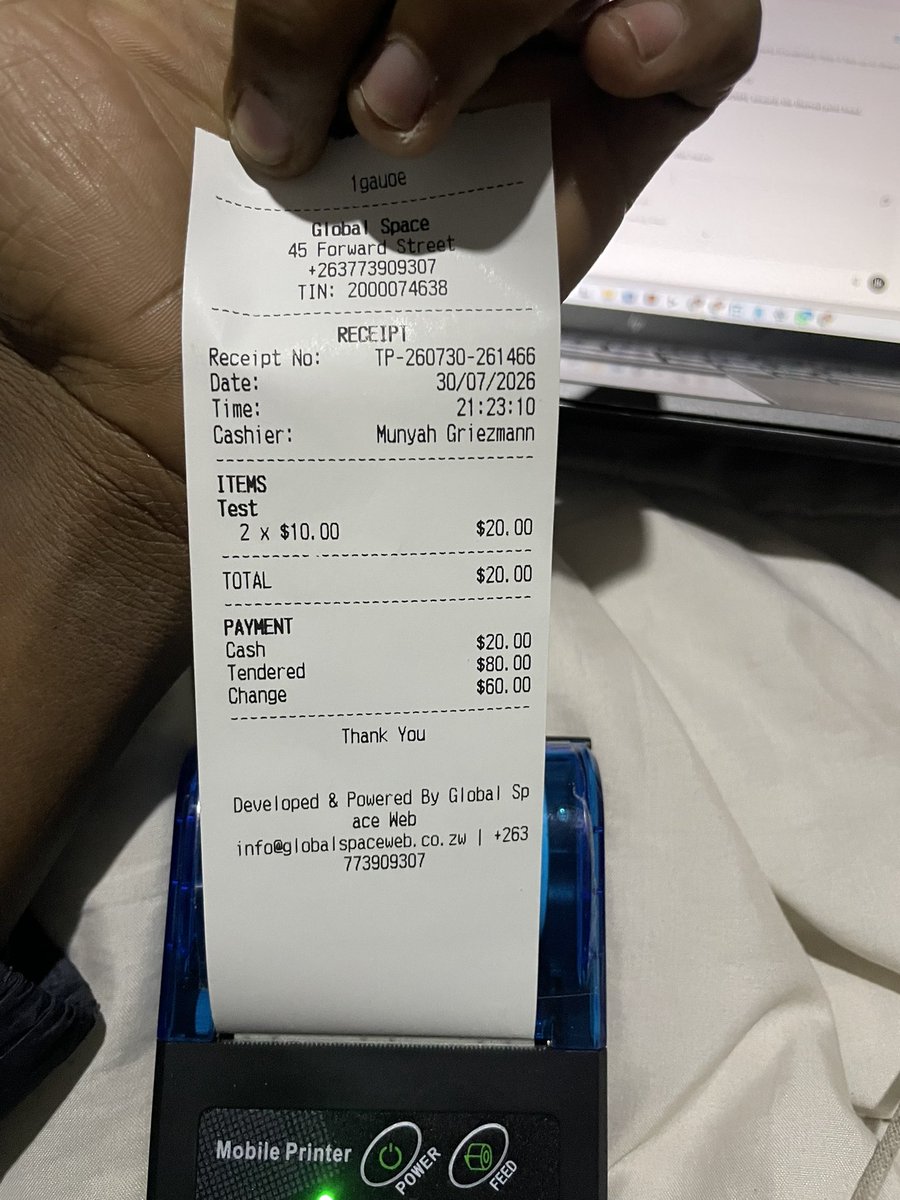 Munyah_Wacho's tweet photo. Hie guys, muchiShona ndiri kungoti, nemukono wako we$200, you can get a Portable POS system for your business. It includes:

1. 10 inch Android Tab
2. Portable Thermal Receipt Printer
3. Cloud Based POS Software

Pros: You can monitor your business, inventory and track sales remotely from wherever you are. All you need to do is assign your staff a Shop Assistant Account barring them from tinkering with the system and inventory.

ZIMRA Fiscalisation and electronic payment methods also available on request as paid extras.

Supported Modules so far: Retail, Restaurant, Workshop, Hardware, Manufacturing, Phamarcy & Liquor Store/Bar. More modules are coming 🔥

📱: 0773 909 307
📧: info@globalspaceweb.co.zw
📍: Shop C3, Cyrus Mall, Corner Mbuya Nehanda & Speke.