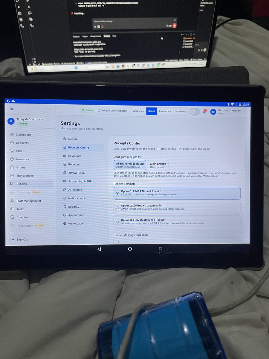 Munyah_Wacho's tweet photo. Hie guys, muchiShona ndiri kungoti, nemukono wako we$200, you can get a Portable POS system for your business. It includes:

1. 10 inch Android Tab
2. Portable Thermal Receipt Printer
3. Cloud Based POS Software

Pros: You can monitor your business, inventory and track sales remotely from wherever you are. All you need to do is assign your staff a Shop Assistant Account barring them from tinkering with the system and inventory.

ZIMRA Fiscalisation and electronic payment methods also available on request as paid extras.

Supported Modules so far: Retail, Restaurant, Workshop, Hardware, Manufacturing, Phamarcy & Liquor Store/Bar. More modules are coming 🔥

📱: 0773 909 307
📧: info@globalspaceweb.co.zw
📍: Shop C3, Cyrus Mall, Corner Mbuya Nehanda & Speke.