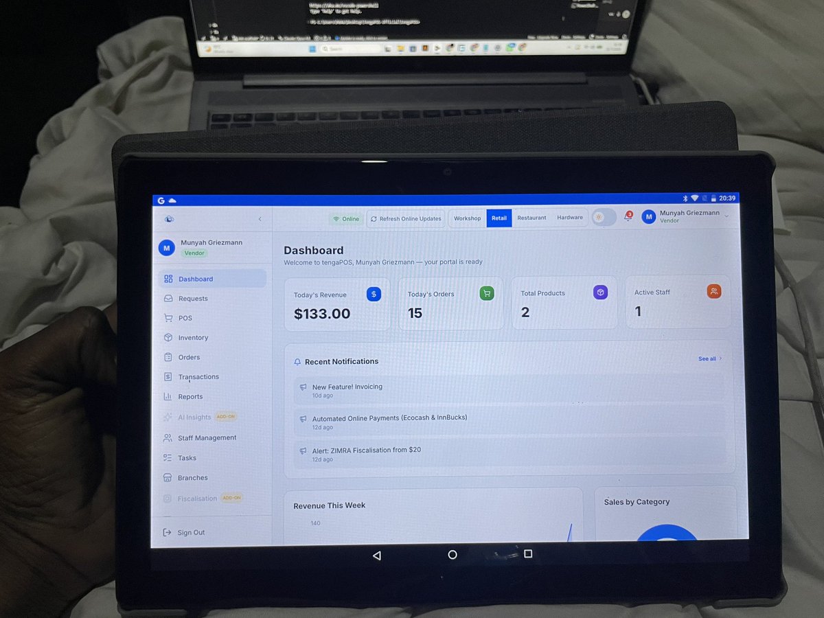 Munyah_Wacho's tweet photo. Hie guys, muchiShona ndiri kungoti, nemukono wako we$200, you can get a Portable POS system for your business. It includes:

1. 10 inch Android Tab
2. Portable Thermal Receipt Printer
3. Cloud Based POS Software

Pros: You can monitor your business, inventory and track sales remotely from wherever you are. All you need to do is assign your staff a Shop Assistant Account barring them from tinkering with the system and inventory.

ZIMRA Fiscalisation and electronic payment methods also available on request as paid extras.

Supported Modules so far: Retail, Restaurant, Workshop, Hardware, Manufacturing, Phamarcy & Liquor Store/Bar. More modules are coming 🔥

📱: 0773 909 307
📧: info@globalspaceweb.co.zw
📍: Shop C3, Cyrus Mall, Corner Mbuya Nehanda & Speke.