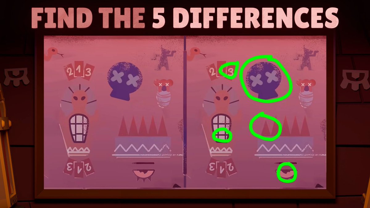 klnrreyes's tweet photo. @BrawlStars 1- Calavera girada  
2- El número 3 es diferente
3- Las formas triangulares tiene un triangulo más pequeño
4- Los dientes (o ventana) tienen una línea diferente
5- El ojo tiene el brillo cambiado

#BrawlStars
#EscapePyramidQuest 

🙌🏽🔥🧭🤖🔺️ https://t.co/UoPNkmraRR