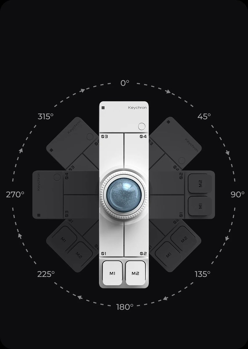 KeychronMK's tweet photo. Most mice tell you how to use them. Nape Pro gives you eight ways to make it yours.

Place it horizontally below your keyboard, vertically between the halves of a split keyboard, angled to either side, or beside a drawing tablet.

Whichever position you choose, OctaShift keeps cursor movement aligned, with scrolling, clicks, and shortcuts still within easy reach.

Nape Pro adapts to your setup—not the other way around.