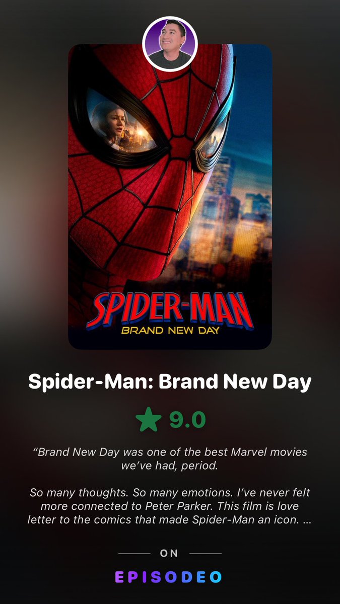 ScoresExplored's tweet photo. Brand New Day was one of the best Marvel movies we've had, period.

So many thoughts. So many emotions. 

I've never felt more connected to Peter Parker. This film is a love letter to the comics that made Spider-Man an icon.

How do you top the epic multiverse scale of No Way Home? 

You go inward. You focus on the man underneath the mask. 

I want to see Destin Daniel Cretton take the Spidey reigns for the foreseeable future because he truly understands how to deliver this character.

Michael Giacchino's score is impeccable. I wasn't sure how he'd handle a 4th score for Spider-Man and he absolutely nailed it. It's rare to have a single composer take on a single character over 4 films but now Tom Holland's Spider-Man is synonymous with Giacchino's music to me.

There were some minor things that stuck out to me that didn't land. But in no way do they take away from the absolute joy I felt watching this movie.

I'm itching to go back and rewatch! I was lucky enough to have this be my first Dolby Cinema experience and it didn't disappoint. The immersion was phenomenal!

I will need some time to really see how it fits in my ranking for live-action Spider-Man films but as of right now, it's number one.

It's not just a comic book brought to life. 

It's the heart of what makes Spider-Man so great brought to the big screen.