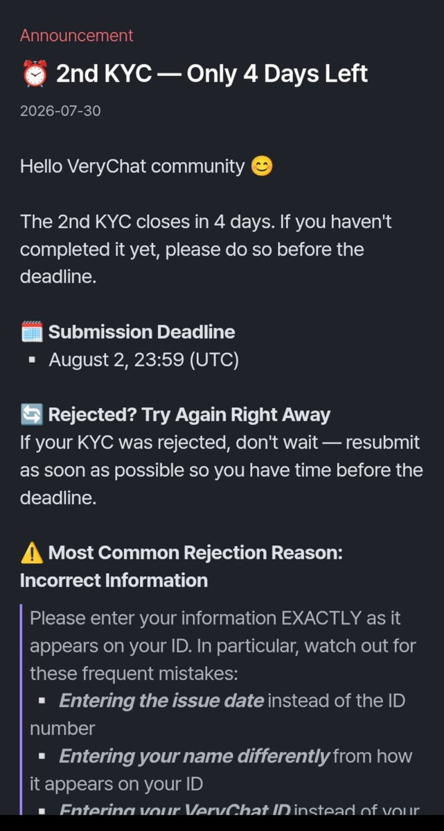 CryptoAmass's tweet photo. 📢 VeryChat Update 

You have 4 days left to complete your VeryChat KYC

If it failed, try again

I don't want any of my followers to be left behind

Distribution follows after August 2

Any issue?
Share the screenshot⤵️ https://t.co/UfFwPc3JBd