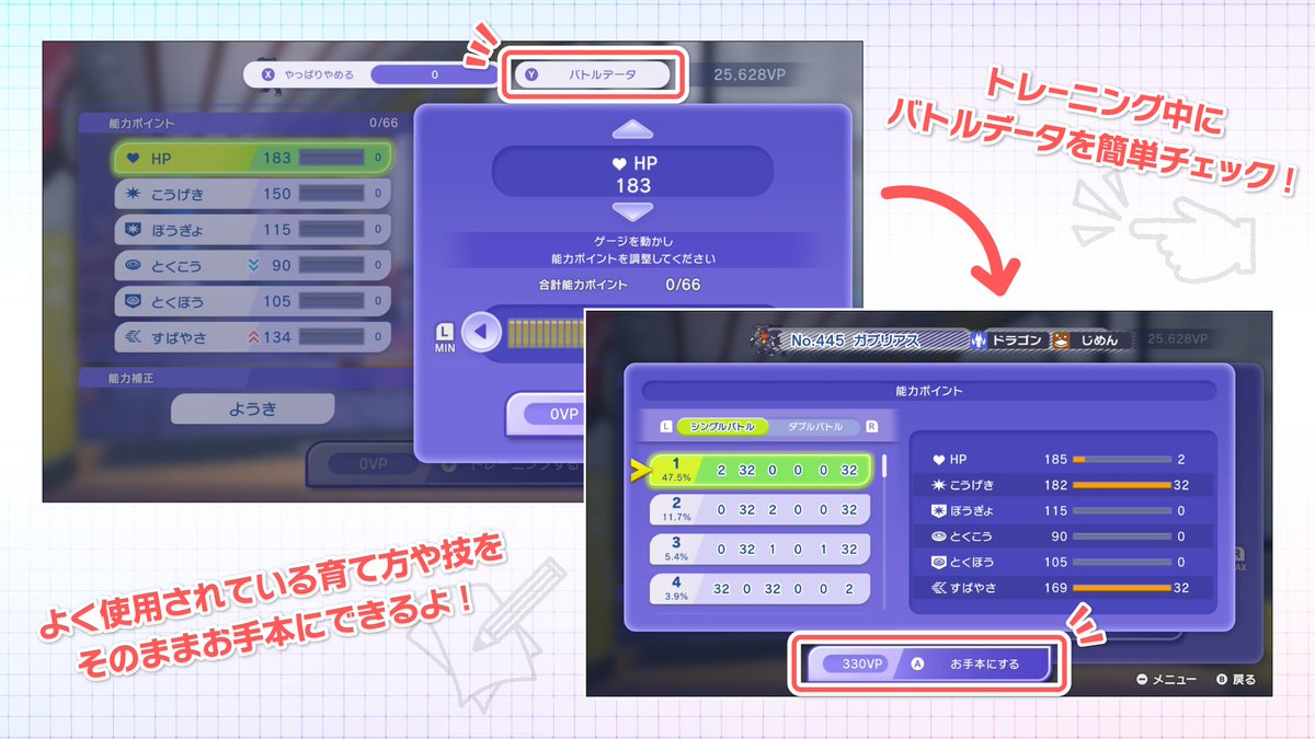 Poke_Champ_jp's tweet photo. ポケモンをトレーニングするときに、最新のバトルデータをお手本にすることが出来るよ！
育て方に迷ったら参考にしてみよう！
#ポケモンチャンピオンズ #ポケチャン https://t.co/TwgFAFvP4U