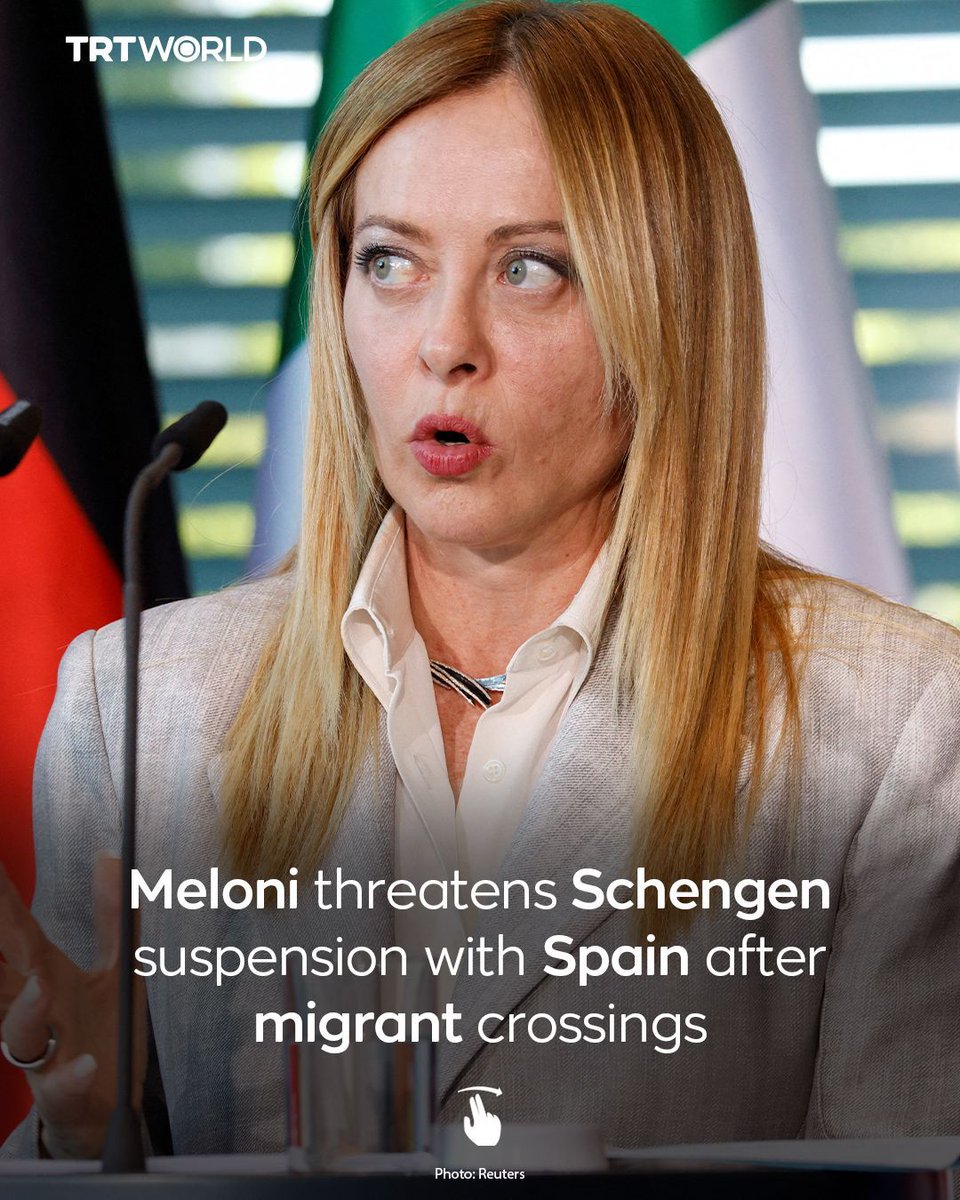 trtworld's tweet photo. Italian Prime Minister Giorgia Meloni said Italy could suspend the Schengen agreement with Spain after hundreds of migrants crossed into the Spanish enclave of Ceuta from Morocco, putting renewed pressure on Spain's border authorities. 

The remarks came as Spanish rescue services and security forces responded to large numbers of people arriving by sea and breaching border barriers. Meloni said her government was prepared to take "extraordinary measures" to tackle irregular migration, including suspending Schengen with Spain, while reiterating its commitment to border security, combating human trafficking and increasing repatriations.