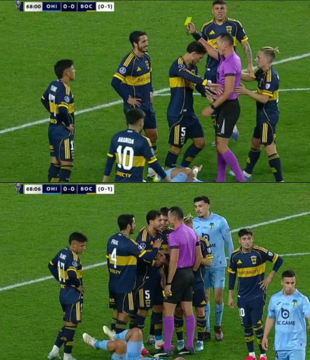 la12tuittera's tweet photo. ⚠INSÓLITO: cuando Roldán amonestaba a #Figal, se lo quiso quitar con el brazo izquierdo a #Paredes, Lea le quitó el brazo y AMONESTÓ al capitán de #Boca por esto. https://t.co/XuwCDDedwf