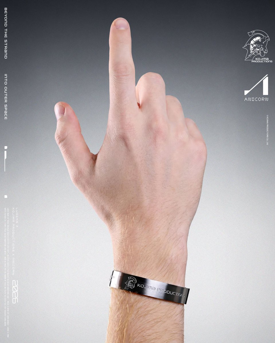 Anicorn_Watch's tweet photo. A standalone object from the LUDENS X universe.

The LUDENS Cuff Bracelet brings the visual language of Ludens into an independent wearable form.

Finished in silver and detailed with the KOJIMA PRODUCTIONS identity, Ludens graphic mark, ANICORN logo, and technical caution text, it carries the same mecha and space-armor spirit as the collection.

Available in two sizes, designed to offer a better fit for different wearers.

@Kojima_Hideo @KojiPro2015
@HIDEO_KOJIMA_EN @KojiPro2015_EN

Coming Soon - 10PM EDT— 5 Aug, 2026

#KojimaProductions #Anicorn #LudensX #TimeDifferent