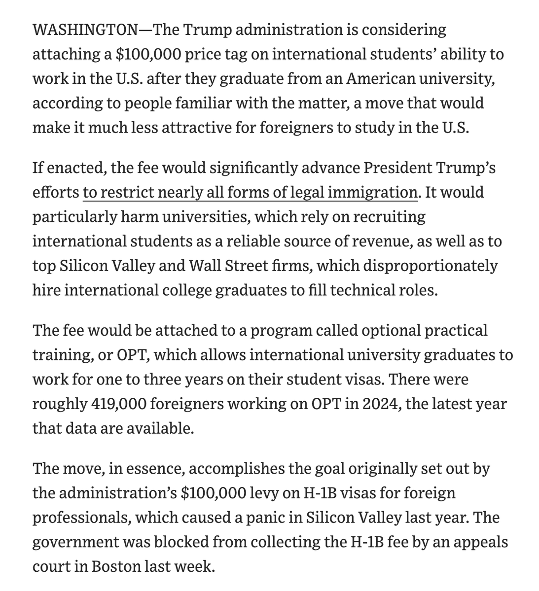 daeroplate_v2's tweet photo. as long predicted, $100k external->h1 fee (blocked by a court but will be contested) will now be extended to f1->OPT also by exe decree https://t.co/8zAbA6qFlx
so if a chalu MS was 50k fee + living expenses - campus job- it more than doubles out of pocket

dallaspuram is over 🤡 https://t.co/e9OEvCY4Rk
