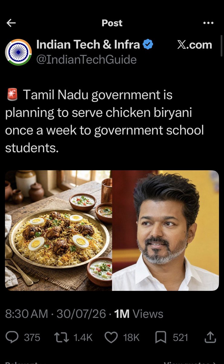 ProfSumathi's tweet photo. The decision to provide #ChickenBiryani for #schoolchildren in #TamilNadu is a welcome move. Many students come to school without having breakfast, which is why the previous @mkstalin government introduced the morning #breakfastscheme Building on that, the present government’s initiative to serve chicken biryani offers children a nutritious meal with protein, carbohydrates, and other essential nutrients, contributing to a more balanced diet and supporting their overall health and learning.
Hats off to cm vijay @actorvijay for this good step. @CMOTamilnadu @imrajmohan
( Note : If the Chicken Biryani news is fake, don’t fact-check it, implement it. Kids deserve protein, not just rumours.)