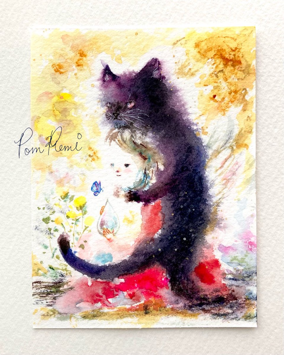 黒ねこがついているひと🪽 水彩画 ※縦横10×7cmぐらい小さな絵です