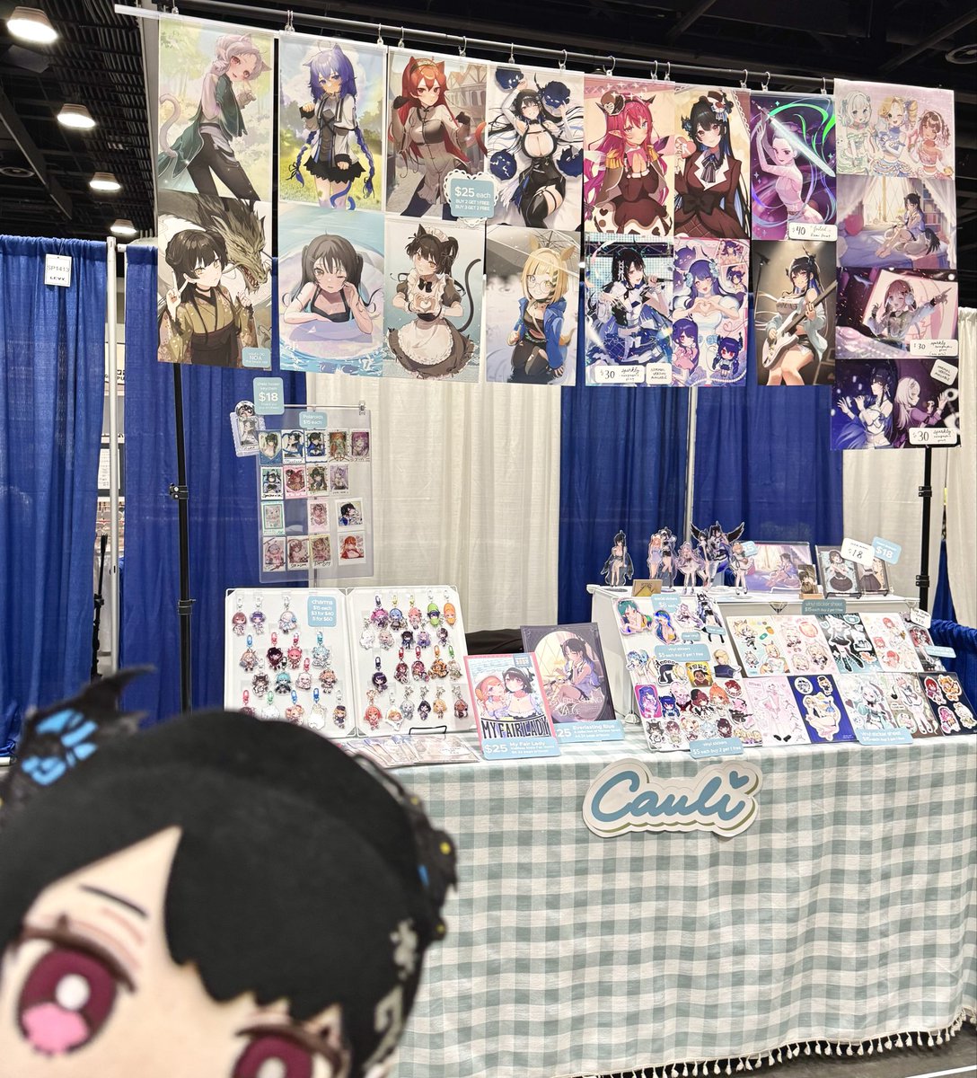 CAULISSIMO's tweet photo. All set up for AniRevo! 
Come say hi at SP1413 :)
low stock of everything so come early! 
I’ll also be selling display pieces as we go instead of the usual FCFS on Sunday.

New! Letter sets! 
Only 1 isekaijouchou charm left. 
Also taking shikishi commissions on a selective and- https://t.co/jcEqckcQHt