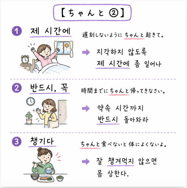 mirinae_native's tweet photo. 【ちゃんと➋】
➊제 시간에
遅刻しないようにちゃんと起きて。
지각하지 않도록 제 시간에 좀 일어나
➋반드시, 꼭
時間までにちゃんと帰ってきなさい。
약속 시간까지 반드시 돌아와라
❸챙기다
ちゃんと食べないと体によくないよ。
잘 챙겨먹지 않으면 몸 상한다. https://t.co/42sWX9zxHW
