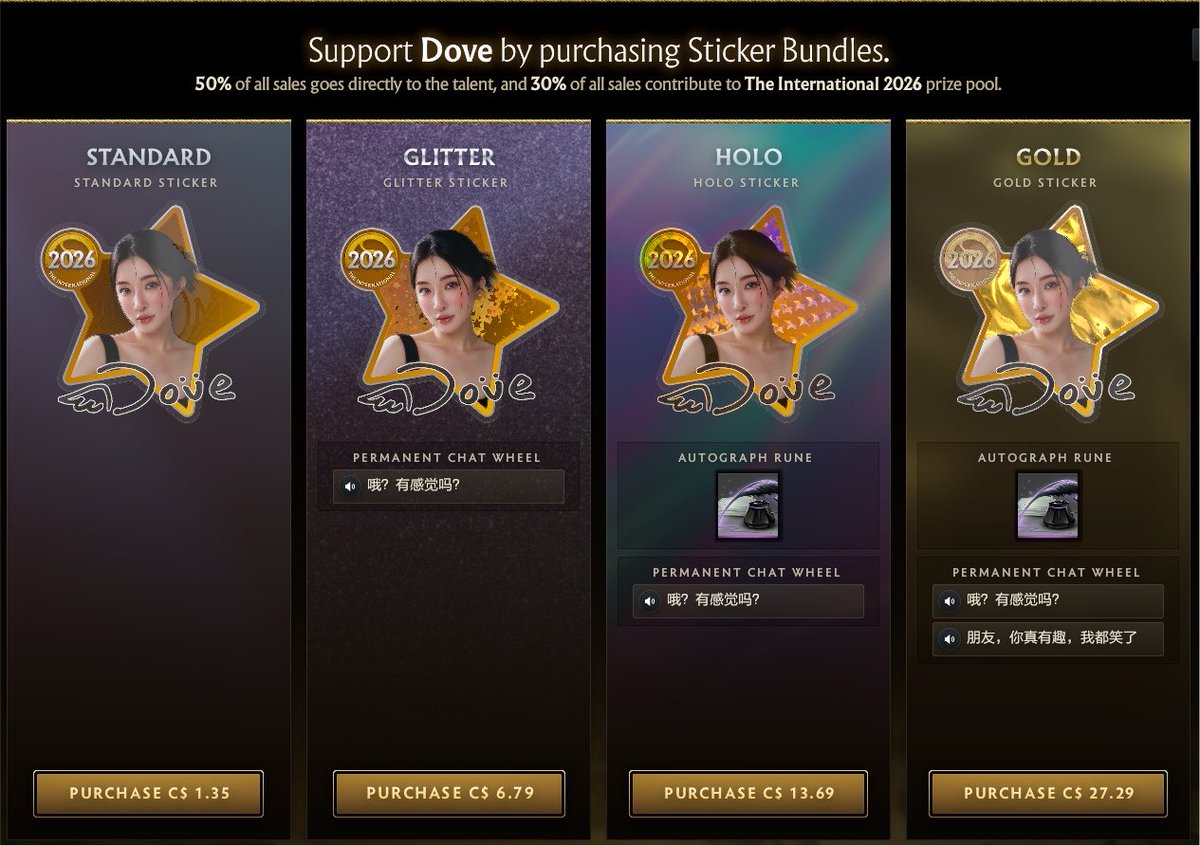 Doveveve's tweet photo. Support Dove by purchasing sticker bundles, 50% of all sales goes directly to the talent, 30% of all sales contribute to The International 2026 price pool. 💪 https://t.co/ed2p8BZz7w