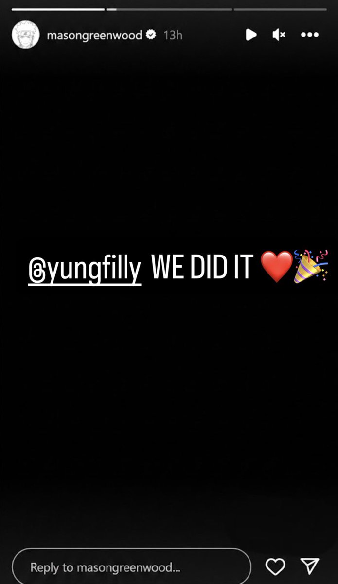 TheFCBanter's tweet photo. 🚨📲 𝗡𝗘𝗪: Mason Greenwood reacting to Yung Filly being found not guilty on Instagram:

“WE DID IT ❤️🎉” https://t.co/u7qaFIwiv9