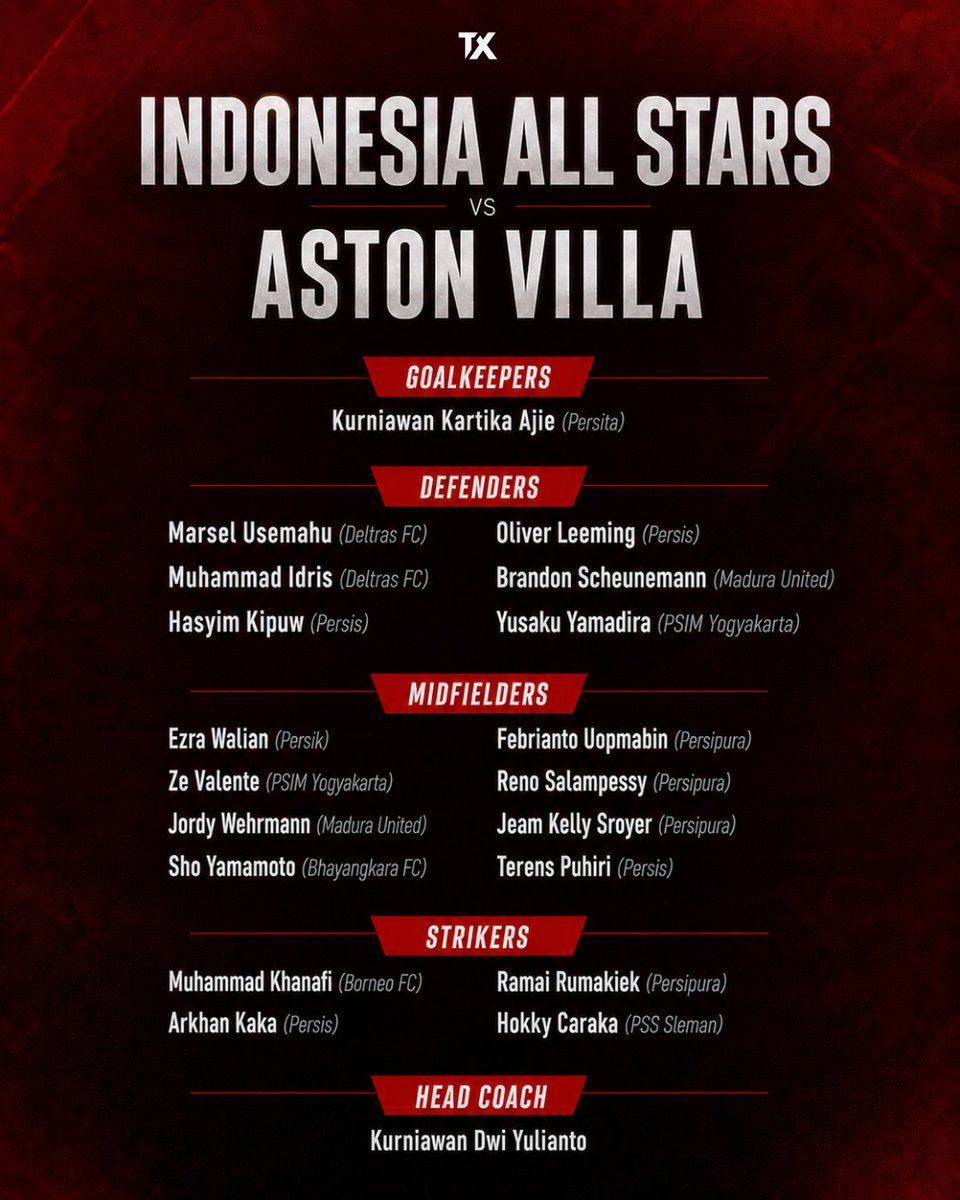 TimnasXtra's tweet photo. 🚨 OFFICIAL: Indonesia All-Stars squad to face Aston Villa.