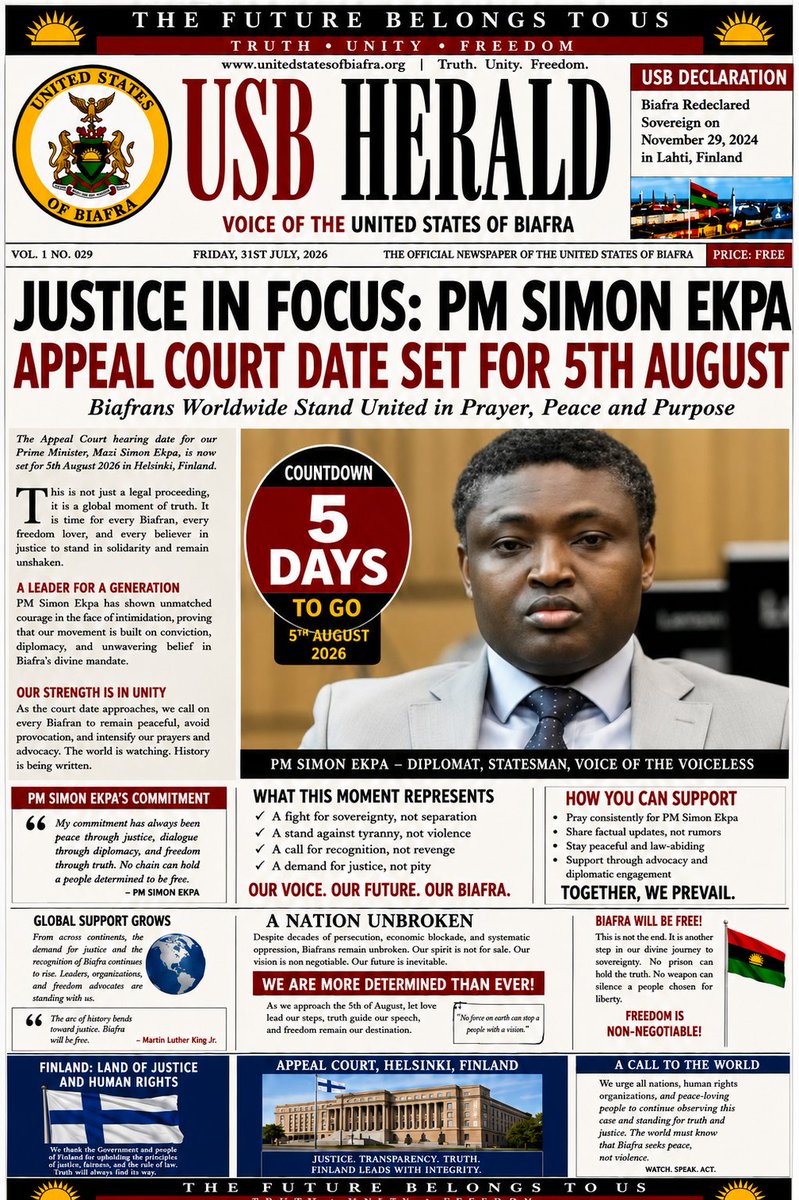 DrakeOfficial06's tweet photo. Justice in the spotlight: As the 5th of August appeal hearing approaches, PM Simon Ekpa calls for peace, unity, prayers, and steadfast commitment from Biafrans worldwide. https://t.co/2dxvunCgnx