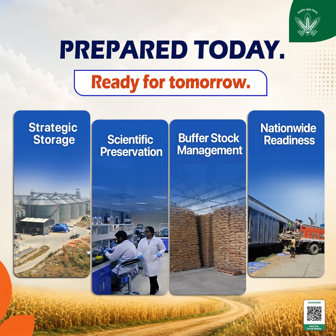 FCI_India's tweet photo. Food security is a continuous process. 
Strategic storage safeguards foodgrains, scientific preservation maintains their quality, buffer stock management ensures preparedness during emergencies and seasonal demand, while nationwide movement enables timely availability across the country. 
Every step works together to keep India's food security strong.

@mygovindia @fooddeptgoi @PIB_India @JoshiPralhad @Nimu_Bambhaniya @blvermaup 
#FoodCorporationOfIndia #FCI #FoodSecurity #StrategicStorage #ScientificStorage #BufferStock #FoodGrainManagement #QualityAssurance #PublicDistributionSystem #NationBuilding