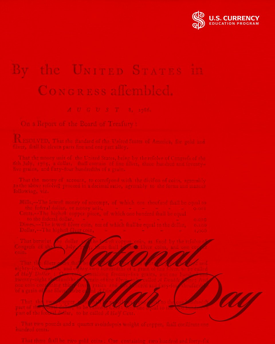 uscurrency's tweet photo. Happy National Dollar Day!​ This day commemorates the day Congress established the U.S. monetary system in 1786.  ​Stay tuned for fun facts and information!​ https://t.co/a7QBd3U2Gp​?utm_source=twitter&amp;utm_medium=social&amp;utm_campaign=August&amp;utm_term=cy26q3&amp;utm_content=DollarDay https://t.co/rqRUSzaZlW