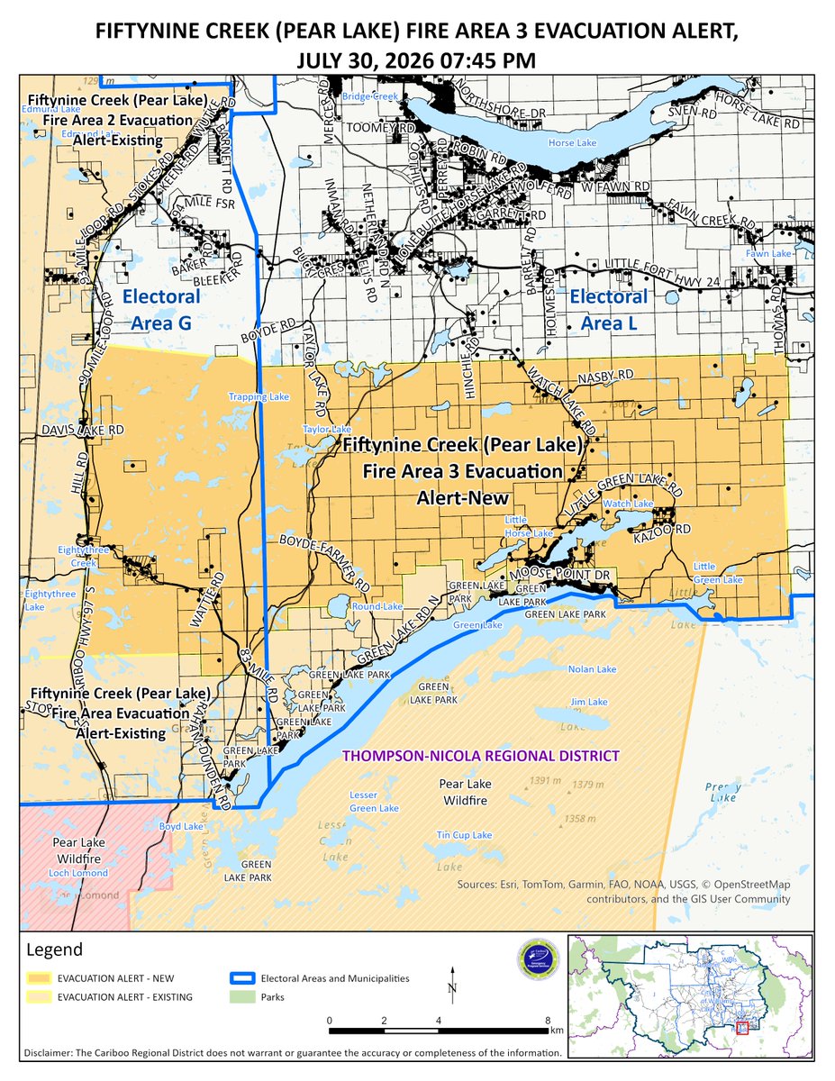 CaribooRD's tweet photo. #CaribooRD has issued an Evacuation Alert for Fiftynine Creek (Pear Lake) Fire Area 3. Visit https://t.co/2CoNyXejy2 to use the interactive map to check if your address is included in the evacuation alert. #CaribooFires #BCwildfire https://t.co/IGztSyO9fW