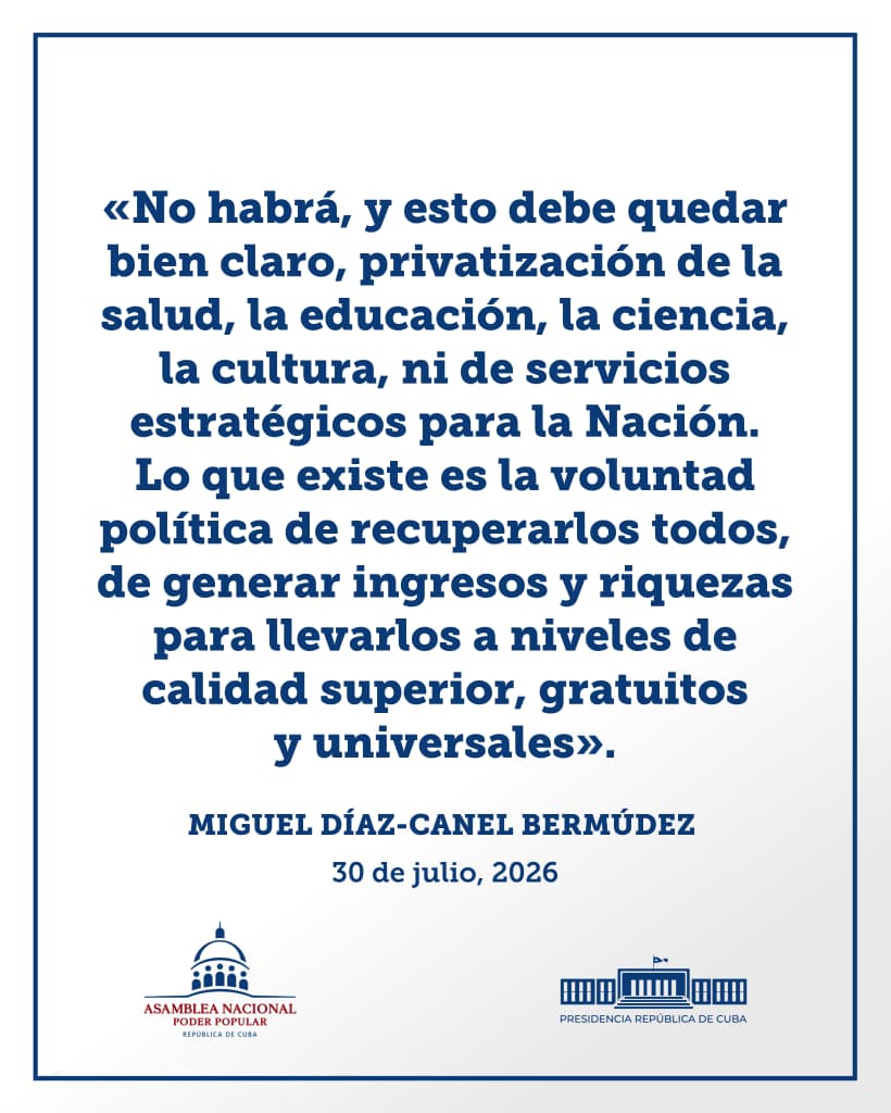 PresidenciaCuba's tweet photo. 🇨🇺| Presidente @DiazCanelB afirmó ante el Parlamento cubano que: 

"No habrá, y esto debe quedar bien claro, privatización de la salud, la educación, la ciencia, la cultura, ni de servicios estratégicos para la nación".

🔗| https://t.co/oamg1Gwaxu https://t.co/Ixe1RGmoEX