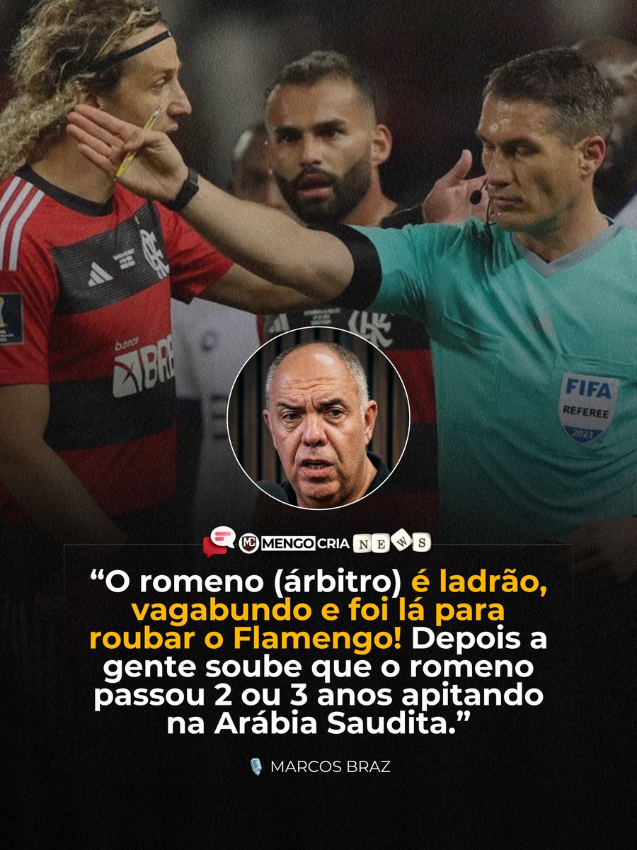 mengocria_'s tweet photo. Ex-dirigente do Flamengo, Marcos Braz acusa arbitragem de prejudicar o clube contra o Al Hilal, na Copa do Mundo de Clubes de 2023.

“O romeno (árbitro) é ladrão, vagabundo e foi lá para roubar o Flamengo! Depois a gente soube que o romeno passou 2 ou 3 anos apitando na Arábia Saudita. Quando ele desce para o vestiário e a gente xinga ele, você percebe que o cara está pensando: ‘Podem me xingar à vontade, mas já foi’. Ele estava mandado!

O presidente da CBF (Ednaldo Rodrigues, presidente na época) não estava nesse jogo. Numa estreia de um clube brasileiro na Copa do Mundo de Clubes, o presidente da CBF tem que estar!”

🎙️ Marcos Braz 
🗞️ Basticast | 365 Scores 
📸 Fadel Senna | AFP