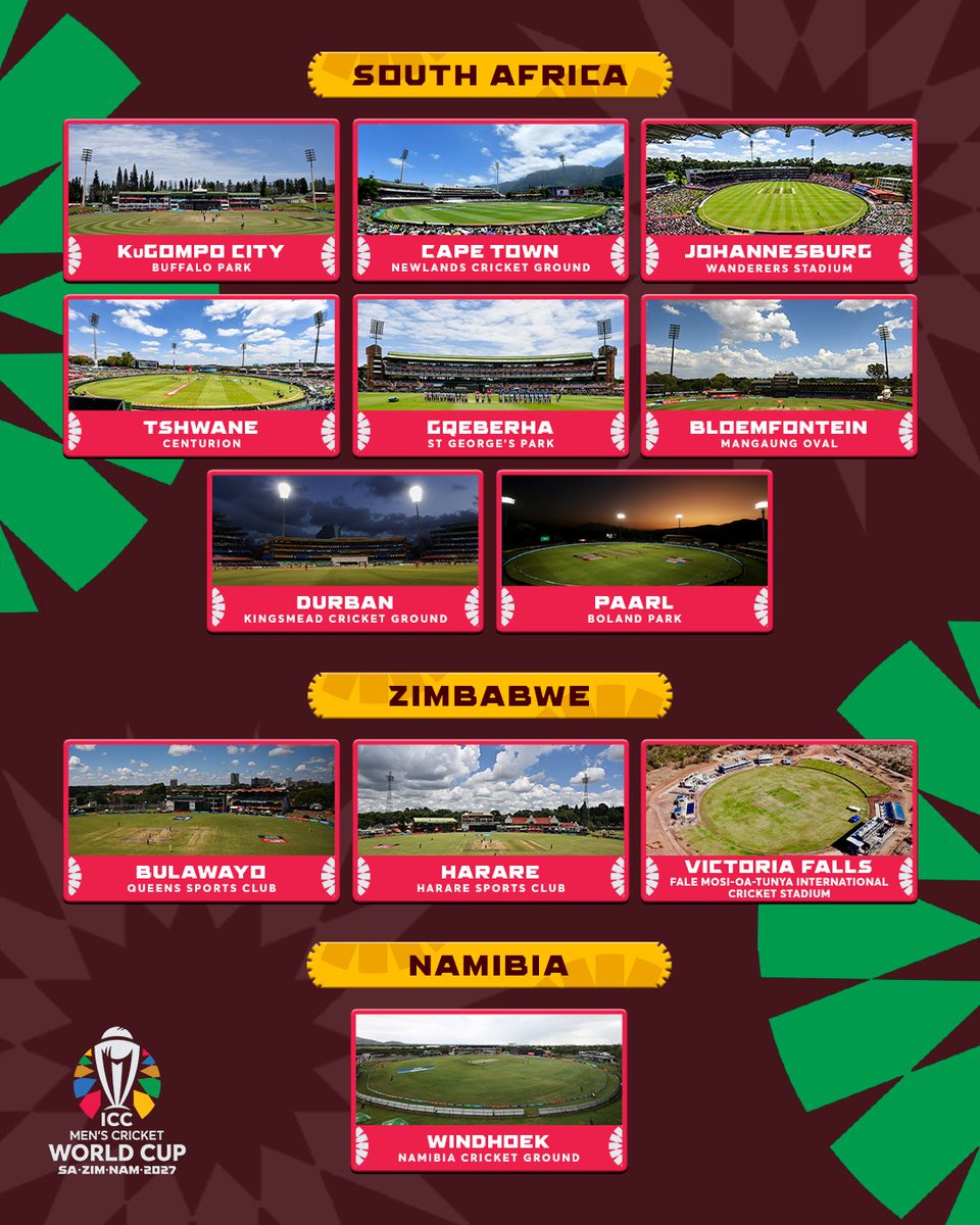 ICC's tweet photo. The 12 venues that will be used at next year's @cricketworldcup have been locked in 🤩

#CWC27

More 👉 https://t.co/QLxDyjmGjC https://t.co/hx4LXu63HL