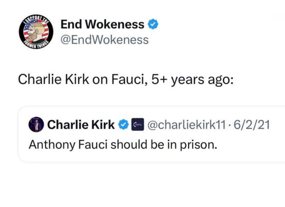 AvrgJoeCrypto's tweet photo. Charlie Kirk said 

Fauci should be in 

prison 5 years ago 

#FauciFiascal https://t.co/7yGbUwsbIT