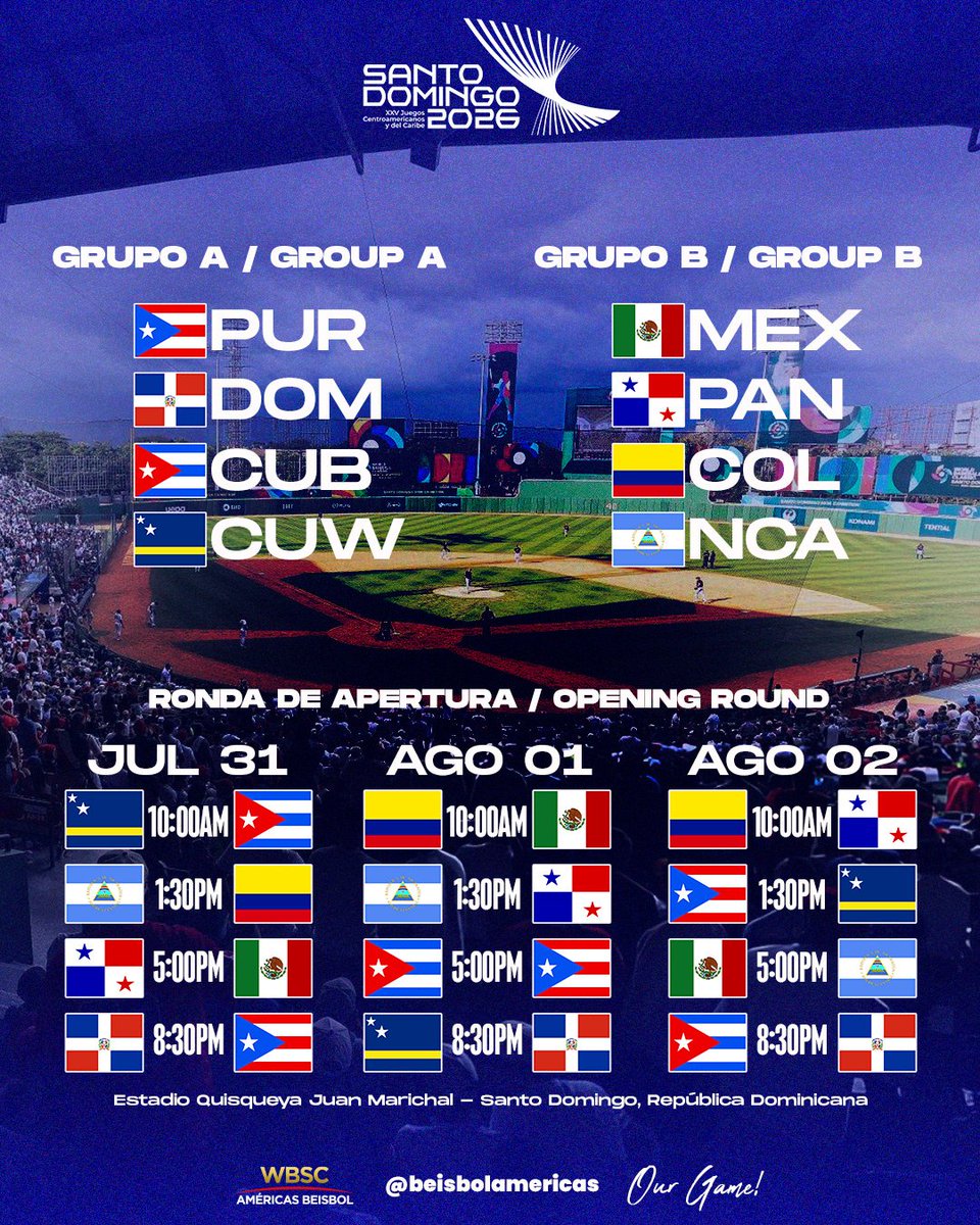 beisbolamericas's tweet photo. #SantoDomingo2026 

Juegos Centroamericanos y del Caribe / Central America and Caribbean games

A: 🇵🇷🇩🇴🇨🇺🇨🇼
B: 🇲🇽🇵🇦🇨🇴🇳🇮

📍 Santo Domingo, República Dominicana 
🏟️ Juan Marichal 

Más información/ More information:
💻 https://t.co/aNFJGEhHiv

@wbsc

#OurGame 
#NuestroJuego https://t.co/CqciUUUUmB