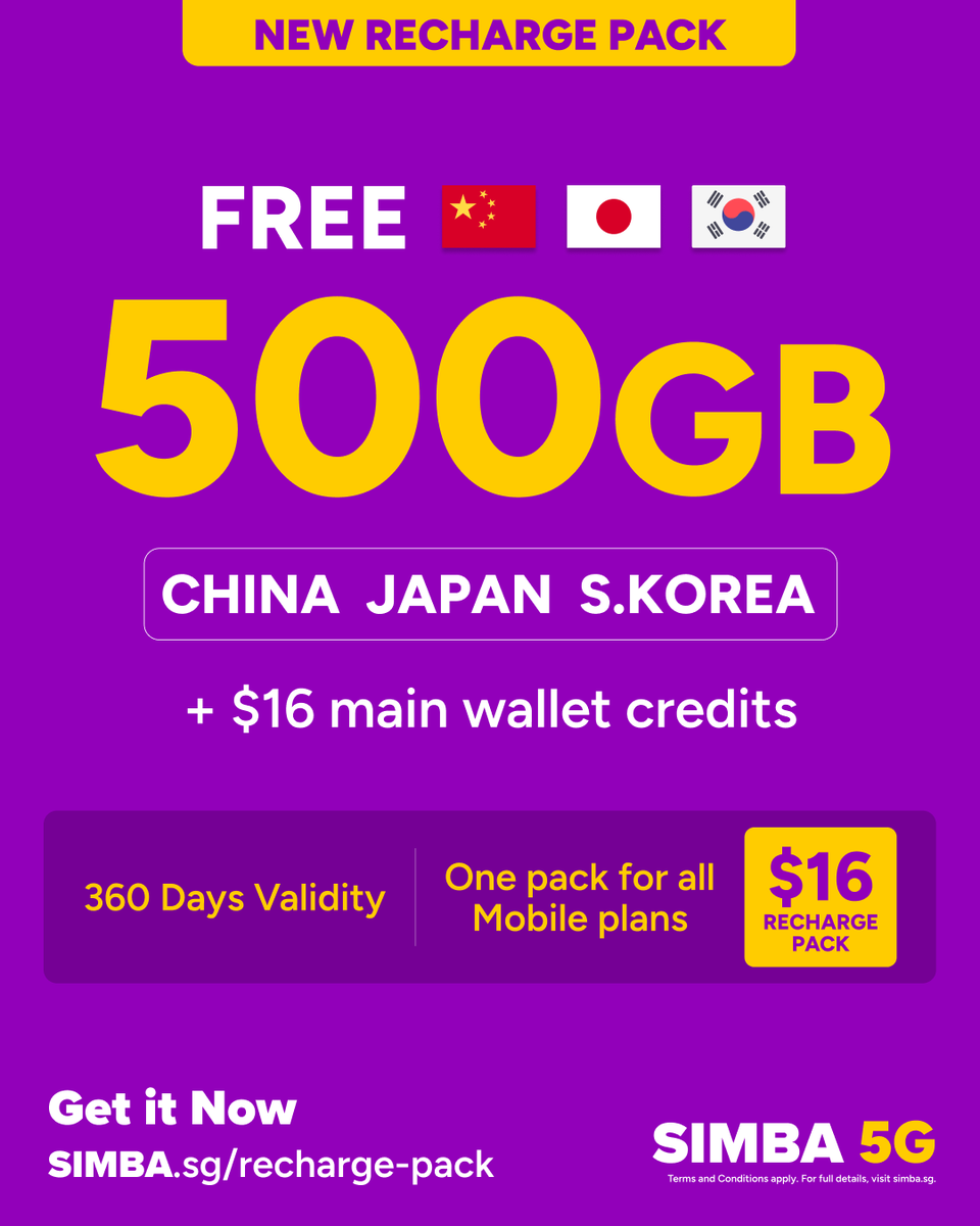 SimbaTelecomSG's tweet photo. Introducing our first-ever $16 Recharge Pack!
• 500GB Roaming to China, Japan and South Korea with 360 days validity
• $16 Main wallet credits