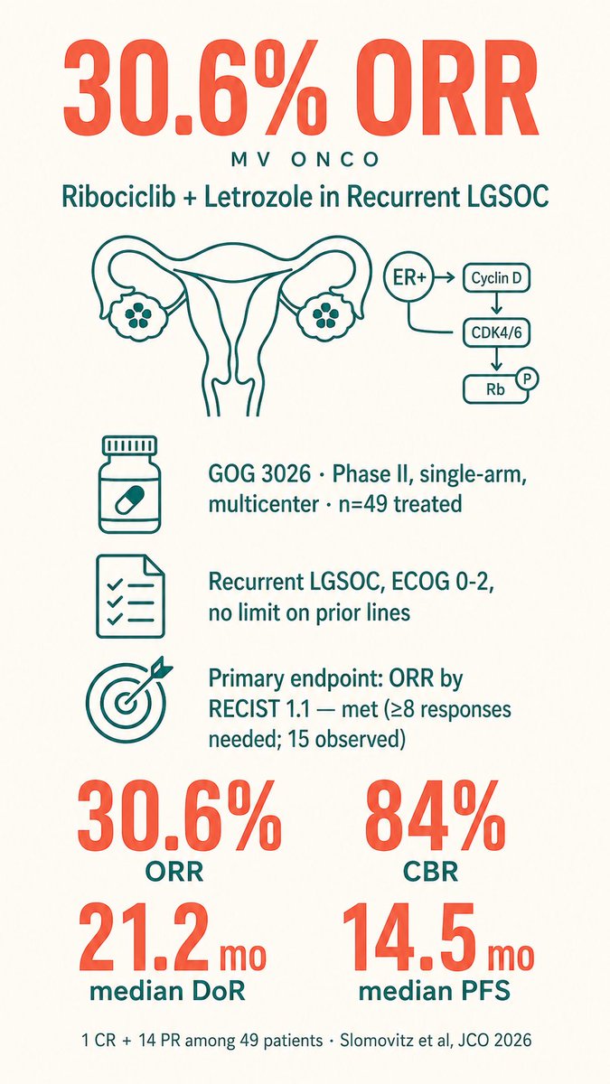 ChandrakanthMv's tweet photo. Ribociclib + Letrozole: A New Benchmark in Recurrent LGSOC?

The phase II GOG 3026 trial adds to the growing evidence supporting CDK4/6 inhibition in recurrent low-grade serous ovarian cancer.

Key findings
• ORR: 30.6% (1 CR, 14 PR)
• Clinical benefit rate: 84%
• Median duration of response: 21.2 months
• Median PFS: 14.5 months
• Primary endpoint successfully met (15 responses observed; ≥8 required)

Clinical perspective
• Durable responses were observed despite inclusion of patients across multiple prior lines of therapy.
• Reinforces the biologic rationale for combining endocrine therapy with CDK4/6 inhibition in ER-positive LGSOC.
• Although encouraging, these results come from a single-arm phase II study and await confirmation in randomized trials.

Slomovitz et al. JCO 2026.

#LGSOC #OvarianCancer #GynOnc #CDK46 #Ribociclib #Letrozole #MedicalOncology #JCO #MVOnco