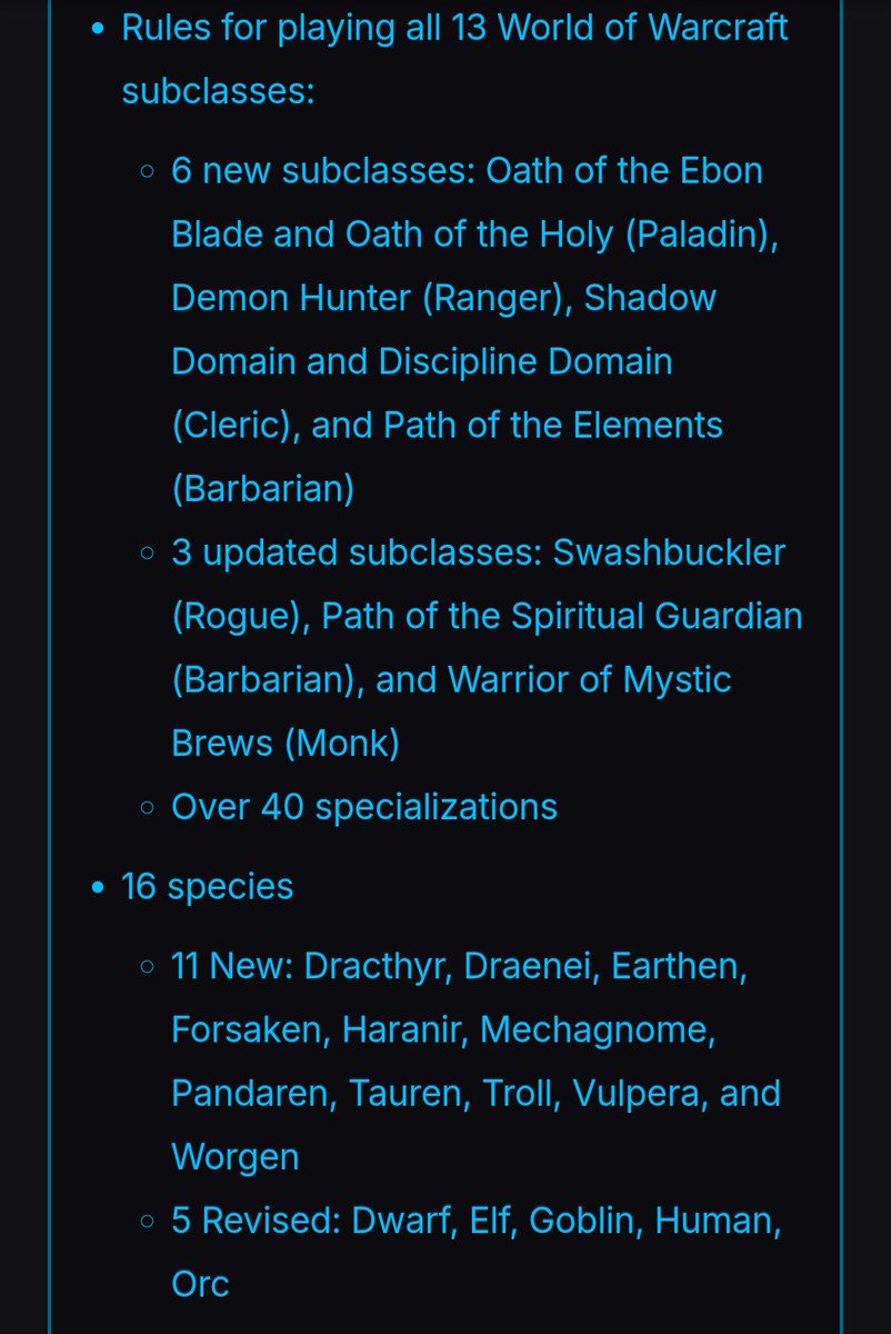DATGUYCOOP's tweet photo. New Warcraft DnD collab will be beefy with the following:
-9 subclasses of iconic Warcraft classes (Demon Hunter, Death Knight, Monk etc)
-16 races total including all player choices and revisions to the class DND races to fit the theme https://t.co/qvLGVKDSJg