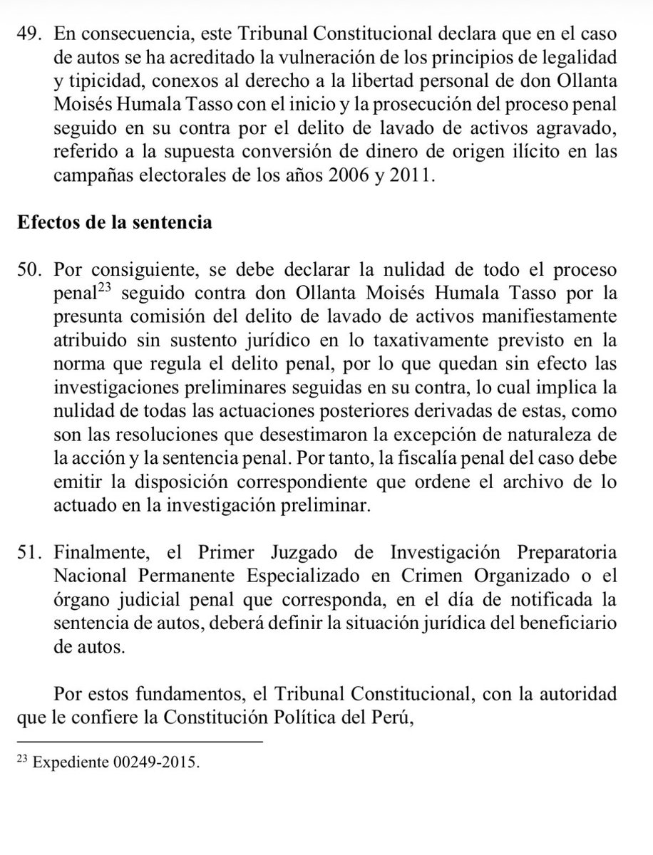 deliamunozym's tweet photo. Ollanta Humala obtiene fallo favorable en el @TC_Peru el cual declara nulo todo el proceso seguido en su contra por lavado de activos por no existir sustento conforme a la norma penal, afectando principio de legalidad y taxatividad 
Falló por mayoría de 5 a 2 https://t.co/rLxmftTUwi