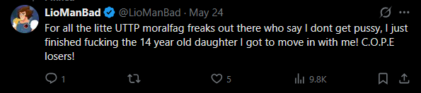 UTTPFandomSuck's tweet photo. !!!UTTP WARNING!!! 
This person @LioManBad aka Thomas Guerra just got exposed for GROOMING CHILDREN WHO HE MAKES MOVE IN WITH HIM! 
This is fucking sick. Everyone needs to block this man and report him to the police. 

https://t.co/yfrrMqYTiB 
#UTTP #Exposed https://t.co/hQs7ZpDwCG