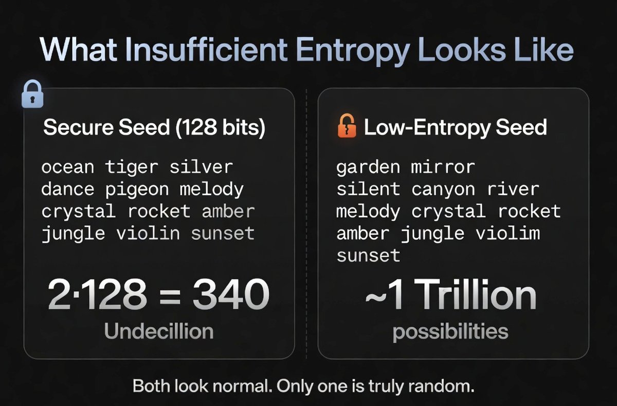 ProofOfMoney's tweet photo. Check out these two Bitcoin seed phrases:
(a general lesson in entropy)

SEED A: 
ocean tiger silver dance pigeon melody crystal rocket amber jungle violin sunset.

Now check out this one:

SEED B:
garden mirror silent canyon river melody crystal rocket amber jungle violin sunset

They both look random to me.

But this is the issue that has unfortunately happened with the Coldcard wallet bug.

It's random generator didn't give sufficient randomness. 

You can't tell the two phrases apart if you use the device to give you your words.

You get them. You write them down. Stamp them in steel. Done.

All proper 12-word BIP-39 seed phrases starts with 128 bits of high-quality randomness (entropy).

And most devices have a TRNG (True Random Number Generator). 

If that TRNG is flawed or has a bug, the device doesn't produce the full 128 bits of real entropy (or 256 bits for a 24-word seed phrase).

SEED A above was generated with 128 bits of entropy.

SEED B, however, was generated with only 40 bits of entropy.

Again, so what? Doesn't someone still have to guess those 12 words?

With only 40 bits of entropy, a skilled attacker could download the entire possibilities of those seed words, which is about 1.1 trillion. 

Although large, that's small enough to run a program, extract every possibility, and begin taking funds from wallets with balances.

This is the bug/attack that struck Coinkite with their Coldcark MK3 generated seeds (using firmware 4.0.1 and later). 

You cannot spot the problem just by looking at the words👀

SEED A above has the full 128 bit entropy, and thus gives 340 undecillion combinations. 

This number can't be brute forced with any computing power currently available to man.

The fix? 

Roll your own words for true, full randomness you can see and verify. Add a passphrase (a 13th "word") to increase that randomness. And don't let those words touch the internet. 

But still... look into multi-sig. It really solves so many problems that we've had and continue to have.