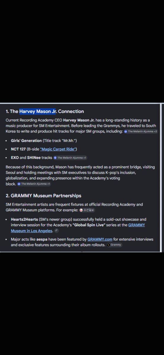 gemiong's tweet photo. @PopBase Current Recording Academy CEO Harvey Mason Jr. has a long-standing history as a music producer for SM Entertainment. Before leading the Grammys, he traveled to South Korea to write and produce hit tracks for major SM groups https://t.co/ErHOWNDF2m
