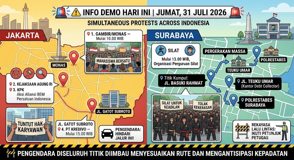 RA_leather's tweet photo. 🚨 INFO DEMO | JUMAT, 31 JULI 2026
Sejumlah aksi unjuk rasa dijadwalkan berlangsung hari ini:

📍 10.00 WIB | Gambir / Monas
👥 Gerakan Aktivis Mahasiswa Islam Indonesia

📍 Kejaksaan Agung RI & KPK RI
👥 Aliansi BEM Persatuan Indonesia

📍 15.00 WIB | Jl. Gatot Subroto (PT Kredivo)
👥 Massa aksi unjuk rasa

📍 13.00 WIB | Surabaya
👥 Organisasi Perguruan Silat
➡️ Rute: Jl. Basuki Rahmat → Jl. Teuku Umar → Polrestabes Surabaya

🚧 Pengendara diimbau mengantisipasi kepadatan lalu lintas dan menyesuaikan rute perjalanan.

📈 Bigmo Putusan MK