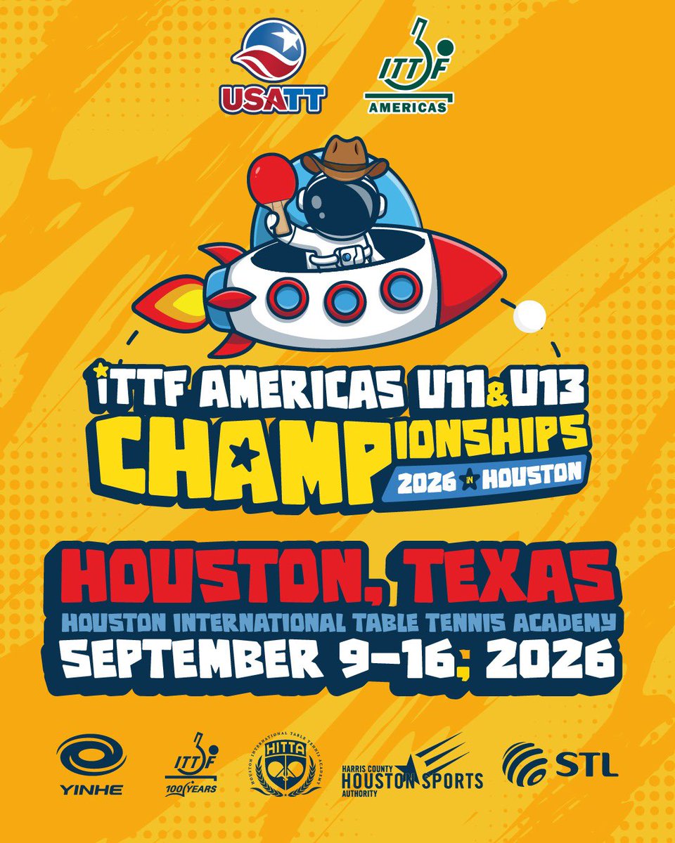 ITTFAmericas's tweet photo. 🌎 The next generation starts here!

🇺🇸 The future of table tennis is heading to Houston 

The ITTF Americas U11 &amp; U13 Championships 2026 are coming to the Houston International Table Tennis Academy, from September 9–16, 2026.

#ITTFAmericas #Houston2026 #FutureChampions https://t.co/iJpq2GlNb1