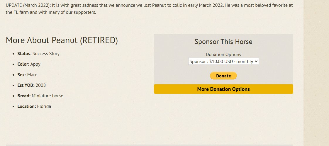 ddddddd8a's tweet photo. They found the charity and farm of where Peanut the Horse lives and they're looking for donations?

It's supported on https://t.co/ztDvLLyOV6 aswell

At the bottom of the site, they're asking people to donate to the horse (Peanut)?

Poor horse probably has $0 donations, why run it on cashback when you can help the animal through fees?

Proof: https://t.co/TUDGzZjmR8

9EjtVJkrzEGosdtSZe8NDBZdLGXoJ6df5FLbnCNVpump