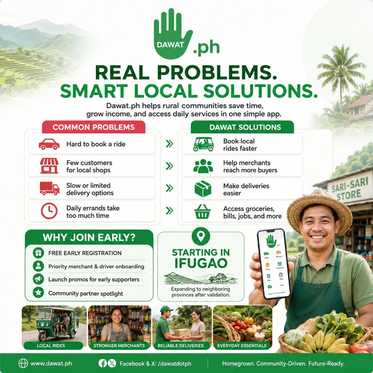 dawatdotph's tweet photo. 📢 https://t.co/IhadLU6INT Frequently Asked Questions

https://t.co/IhadLU6INT is a homegrown community super app being built in CAR Ifugao for transportation, delivery, local commerce, services, livelihood, and digital innovation.

Here are answers to some common questions:

━━━━━━━━━━━━━━

💚 What is https://t.co/IhadLU6INT?

Dawat brings essential community services into one platform:

🚗 Local rides
📦 Delivery and errands
🛍️ Shops and marketplace
🍲 Food and merchant orders
🧑‍🔧 Local workers and services
🌾 Farmers and local producers
🤝 Bayanihan community projects
🌐 Web3 and digital payment features

Features will be introduced gradually as we test and improve each service.

━━━━━━━━━━━━━━

💚 Is https://t.co/IhadLU6INT another version of Grab?

Dawat may offer familiar services, but it is designed for rural and provincial communities.

We are building around local roads, transportation systems, merchants, connectivity, payment options, and the everyday realities of our towns—not simply copying an urban platform.

━━━━━━━━━━━━━━

💚 Where will https://t.co/IhadLU6INT launch first?

We plan to begin in Banaue, Mayoyao, Kiangan, and Lagawe, Ifugao.

Expansion will happen in phases based on demand, driver availability, merchant participation, partnerships, and operational readiness.

Our long-term vision is to serve the Cordilleras and other underserved communities across the Philippines.

━━━━━━━━━━━━━━

💚 Is the app already available?

https://t.co/IhadLU6INT is still under active development.

Testing, pilot programs, and limited-area launches may happen before the full public release.

Official download links and announcements will only come from our verified pages and website.

━━━━━━━━━━━━━━

💚 Why not launch everything immediately?

A reliable super app needs more than software. It also requires trained service providers, verified merchants, customer support, secure payments, safety systems, partnerships, and proper compliance.

We would rather build responsibly than rush an unreliable service.

━━━━━━━━━━━━━━

💚 Will https://t.co/IhadLU6INT be easy to use?

Yes. Dawat is being designed with simple navigation, readable text, clear instructions, familiar language, and fewer unnecessary steps.

Feedback from seniors, first-time users, merchants, drivers, and local communities will help us improve accessibility.

━━━━━━━━━━━━━━

💚 Why is account verification required?

Verification helps reduce fake bookings, prank orders, fraud, merchant impersonation, and unqualified service providers.

Drivers, merchants, and professional service providers may need to submit additional documents before approval.

Only provide personal information through official https://t.co/IhadLU6INT channels.

━━━━━━━━━━━━━━

💚 Can I join https://t.co/IhadLU6INT?

Applications will open in stages for:

🚗 Drivers and delivery riders
🛍️ Merchants and food sellers
🌾 Farmers and local producers
🧑‍🔧 Skilled workers and freelancers
💻 Developers and other service providers

Applicants may undergo verification, orientation, training, and platform testing.

https://t.co/IhadLU6INT will never ask applicants to send registration payments to unofficial personal accounts.

━━━━━━━━━━━━━━

💚 Will drivers be available 24/7?

Availability will depend on how many approved drivers are online in each municipality.

Coverage may initially be limited during late nights, early mornings, bad weather, peak hours, or in distant barangays. It should improve as more qualified drivers join.

━━━━━━━━━━━━━━

💚 How will pricing work?

Ride and delivery prices may consider distance, travel time, road conditions, waiting time, location, and service type.

Users should see the fare or estimated price before confirming whenever possible.

Our goal is clear and fair pricing for both customers and service providers.