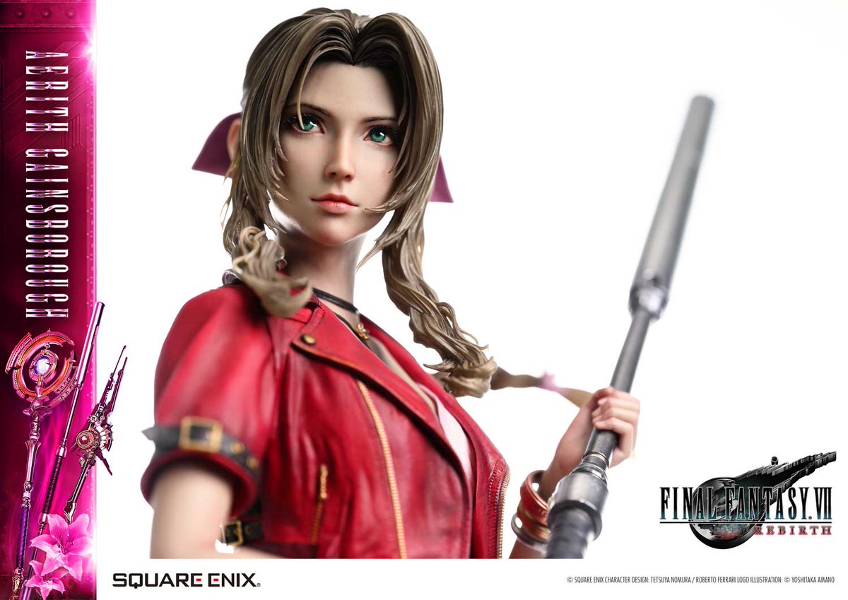 SQEX_MD_GOODS's tweet photo. 世界のコレクターが注目するハイエンドコレクタブルシリーズに、『ファイナルファンタジーVII リバース』のエアリス・ゲインズブールが登場！

ガードロッドを握り、凛と立つ佇まいを1/4スケールで捉えたスタチューです。
造形、彩色、物語性、そのすべてを追求したエアリス・ゲインズブール。彼女の仲間を支える優しさ、運命を受け止める強さが伝わる１体です。

DX版には魔法攻撃に優れたワイザーロッド。パーティの窮地を救うガンバンテインの２本のロッドをご用意しました。そして頭部と両腕を差し替えれば、祈りを捧げるポージングに。星の声を聴き、星と語る、印象的な姿を映し出します。

e-STOREにて予約受付中
◆通常版：https://t.co/z81KmgiWfm
◆DX版：https://t.co/Ky1wJqiJOj

#FF7R #ファイナルファンタジー