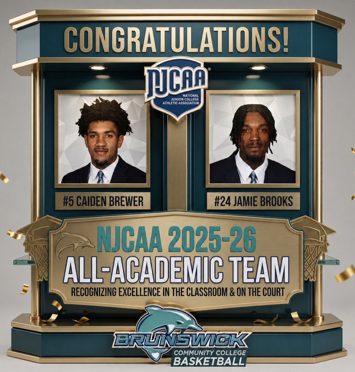 BrunswickCC_MBB's tweet photo. Congratulations to @BrunswickCC_MBB freshmen @brewer5_caiden and @JamieBrooks1213 on making the NJCAA All-Academic Third Team! Both helped BCC win the 2025–26 Region/District title, reach the National Tournament and have signed with @MarsHill_MBB. 🐬🏀📚 #BccNextChanceU https://t.co/Mw5QhwB7rP