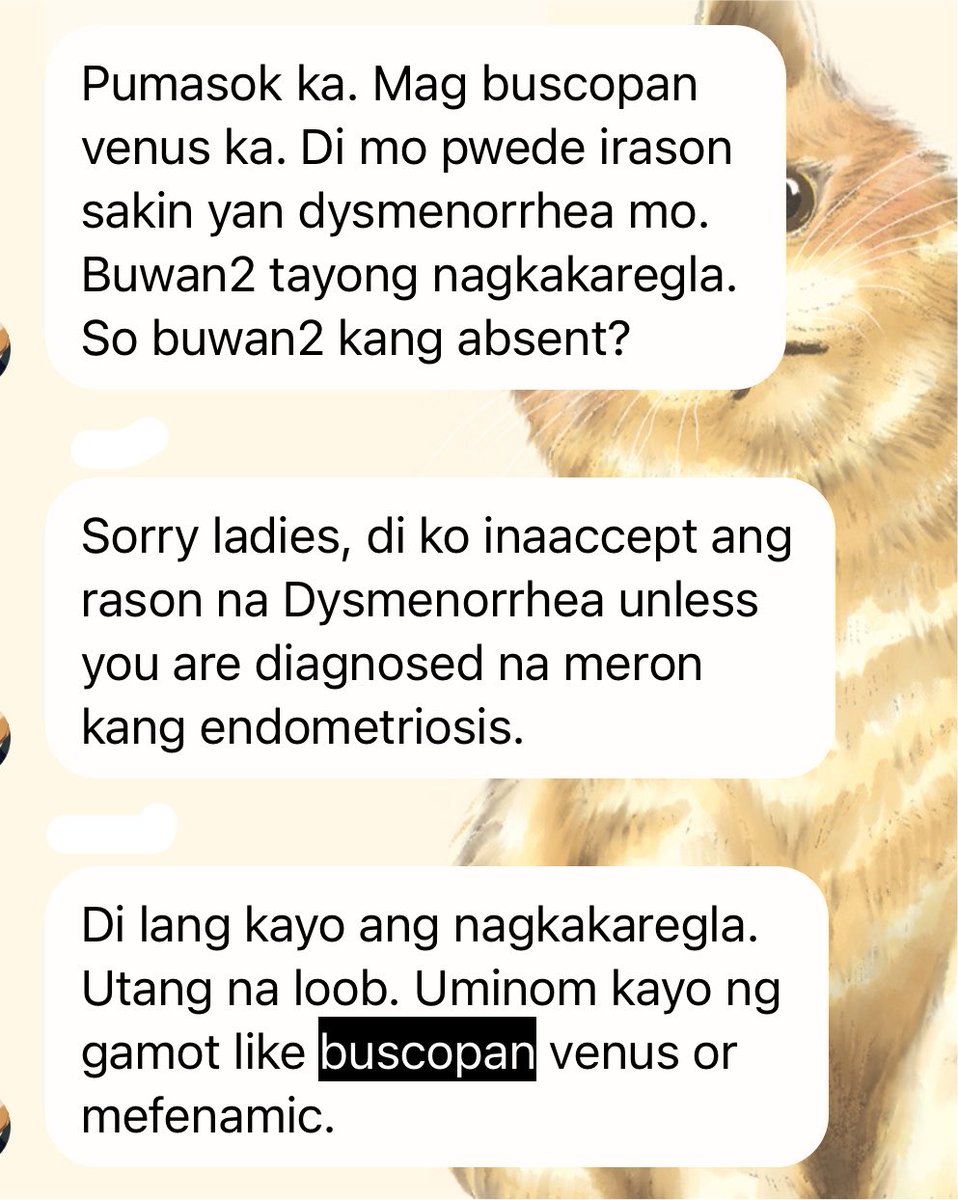 fullofpjs's tweet photo. fr, ni hindi nga tinatanggap na valid reason to absent from work ang period cramps e when honestly it should be bcs there are times talaga na anlala ng body pain to the point that you can’t even stand properly

anw diz is what my boss said to my workmate, mind u, babae pa ‘yan… https://t.co/uiw5ZvjQwx