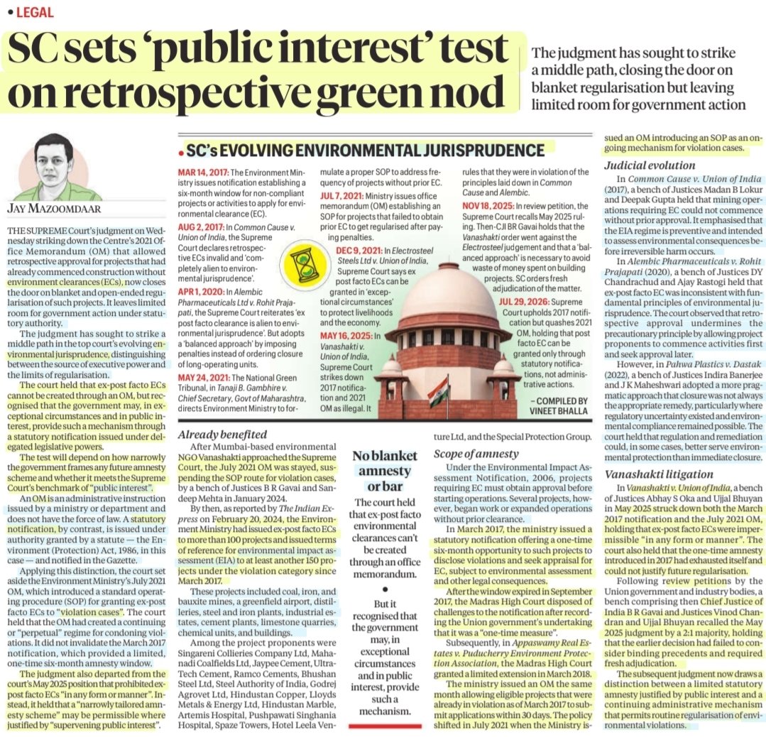 imRavikantYadav's tweet photo. SC sets 'Public interest' test on retrospective green nod
:An informative article by Sh Jay Mazoomdaar
@mazoomdaar
#SupremeCourt #EnvironmentalClearance #Retrospective
#EnvironmentalViolations
#EnvironmentalJurisprudence #PublicInterest #Regularisation
#EIA
#Law
#UPSC https://t.co/nYhxyRugPt
