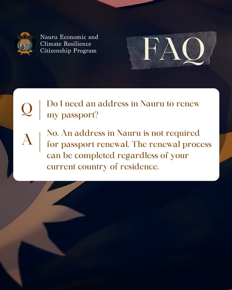 NaoeroOffice's tweet photo. Have questions about the Nauru Economic and Climate Resilience Citizenship Program? Our frequently asked questions provide detailed information to help you understand the program and its requirements.

Visit our website to explore the full FAQ section. https://t.co/NBtCE2YTgF https://t.co/lhGqsdQArl