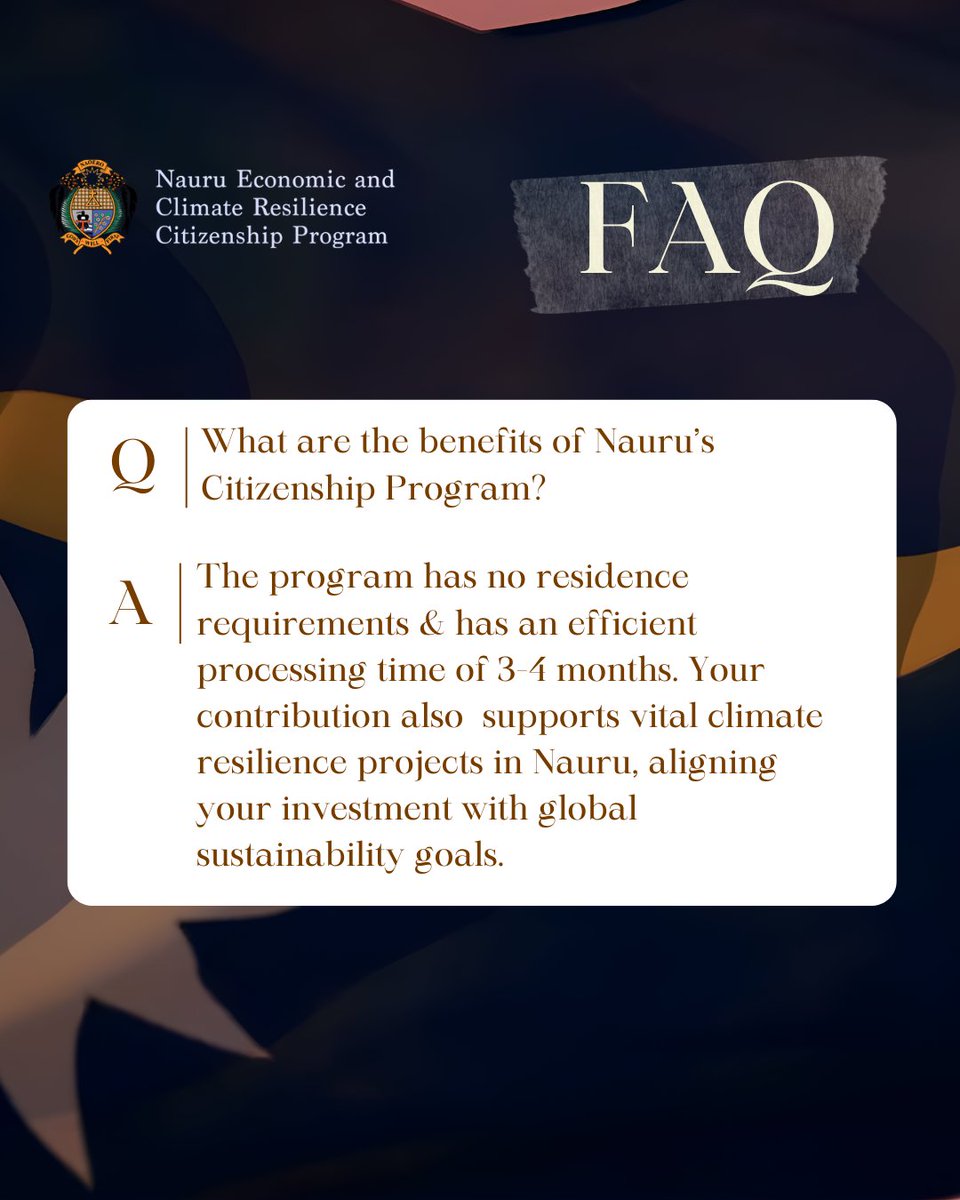 NaoeroOffice's tweet photo. Have questions about the Nauru Economic and Climate Resilience Citizenship Program? Our frequently asked questions provide detailed information to help you understand the program and its requirements.

Visit our website to explore the full FAQ section. https://t.co/NBtCE2YTgF https://t.co/lhGqsdQArl
