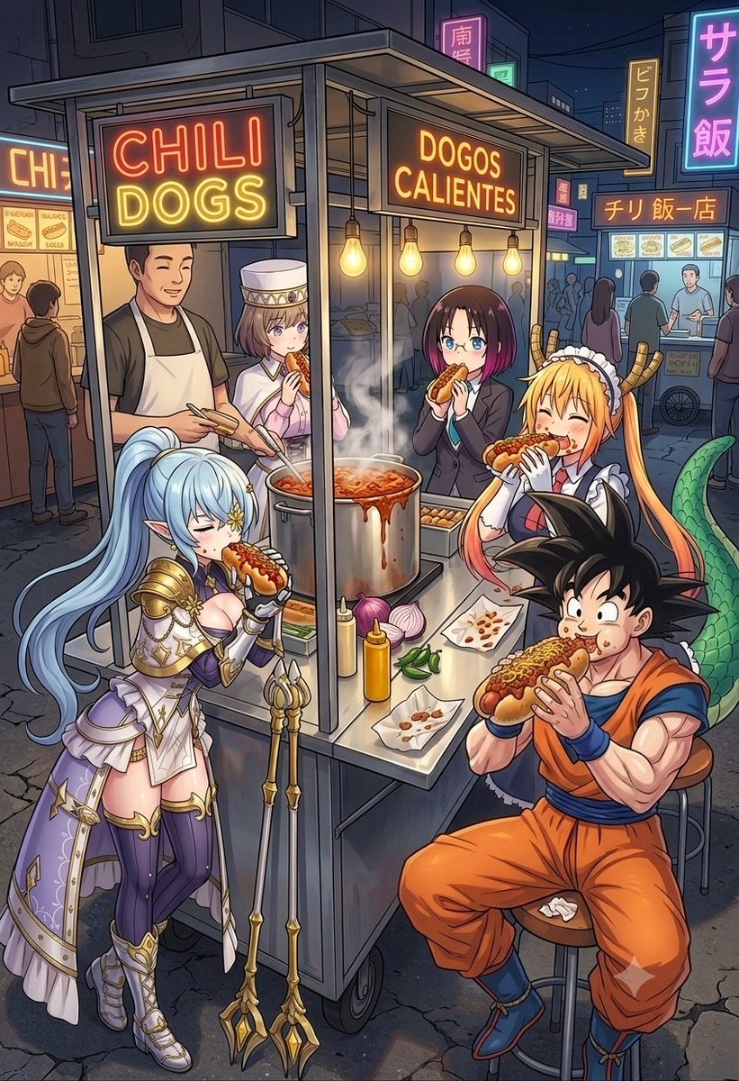 BrianJesusChav1's tweet photo. Día Nacional del Chili Dog:
Comiendo Chili Dog (hot dog bañado en salsa de carne y chile) en el puesto callejero de noche.
#AIArt #Anime #ChiliDog #DBS #Hinata #SonGoku #MissKobayashi #HotDog #ValyrieConnect https://t.co/vjge2tSyeh